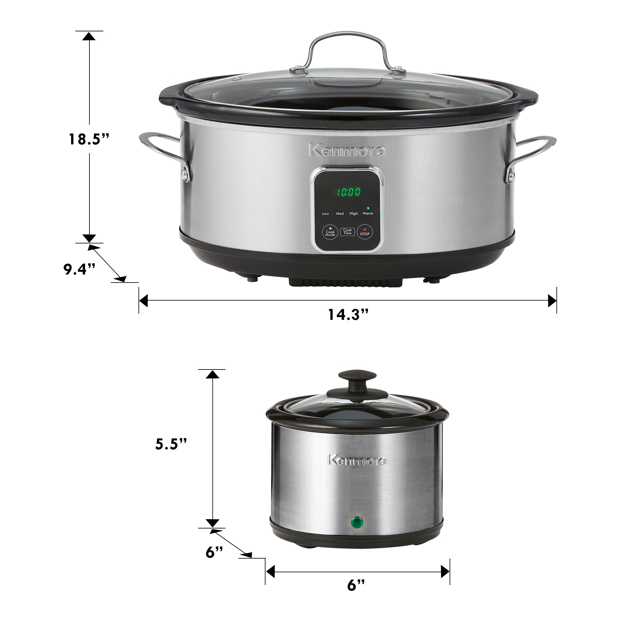 Kenmore 7 qt programmable slow cooker and sauce warmer on a white background with dimensions labeled