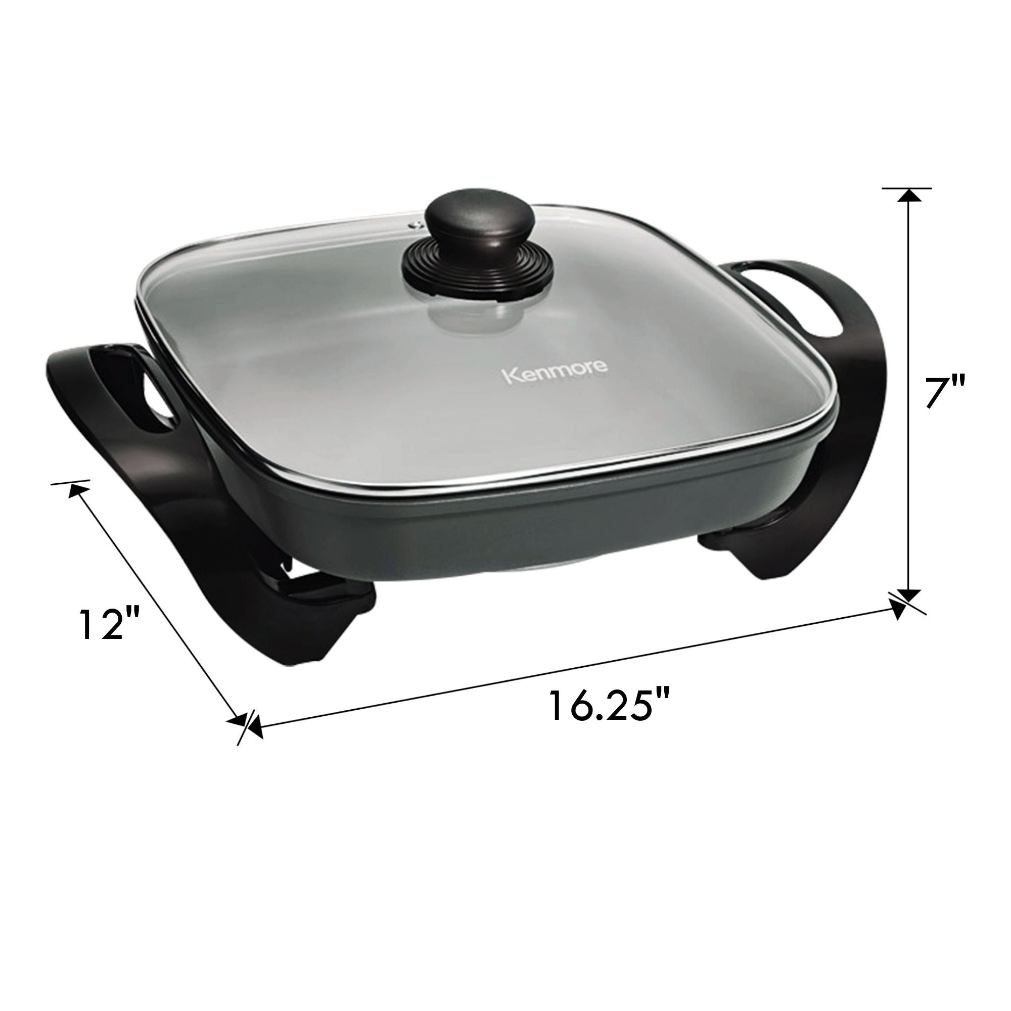 Kenmore non-stick electric skillet with glass lid on a white background with dimensions labeled