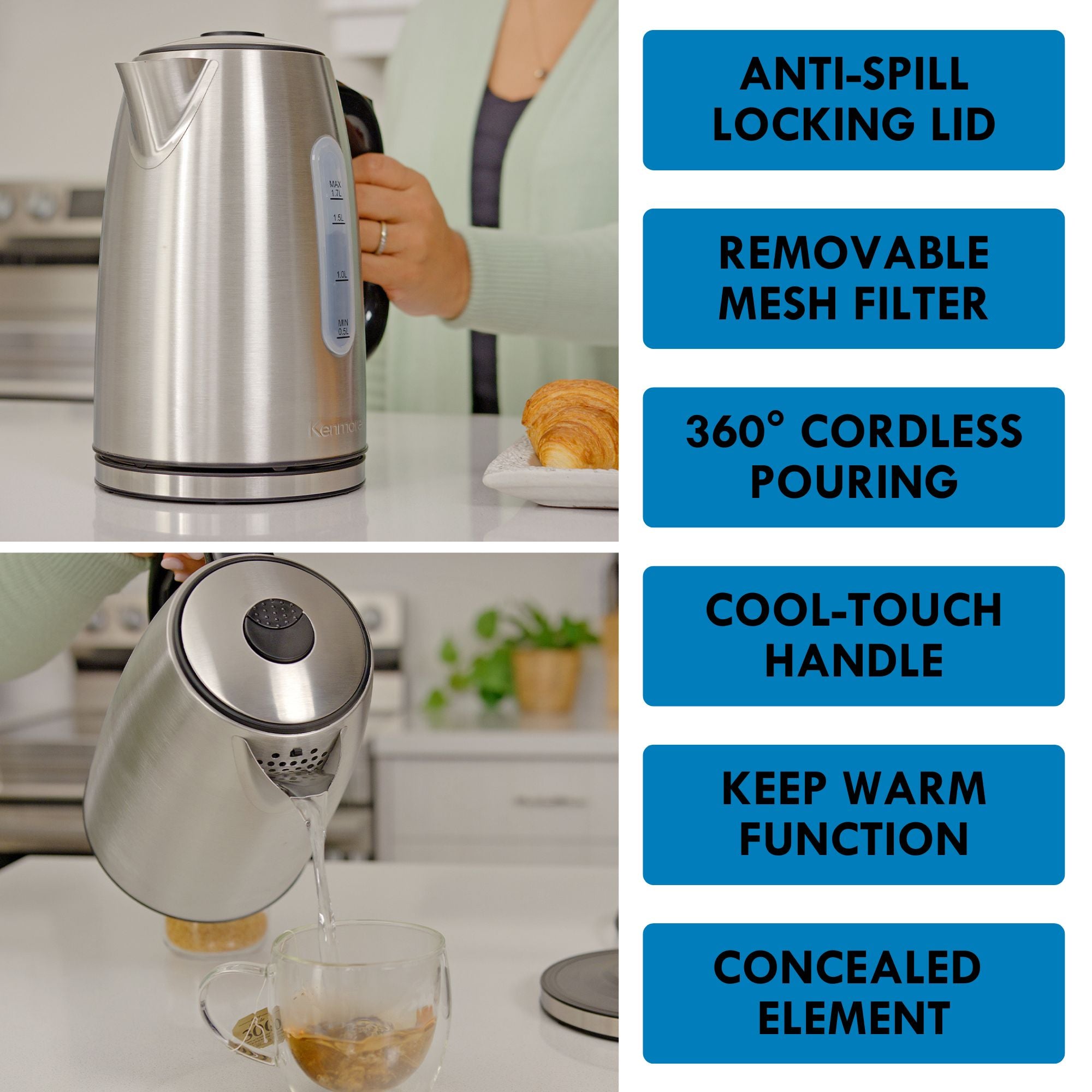 Kenmore digital cordless kettle on a white background on the left with a list of features to the right: Anti-spill locking lid; removable mesh filter; 360° cordless pouring; cool-touch handle; keep warm function; concealed element
