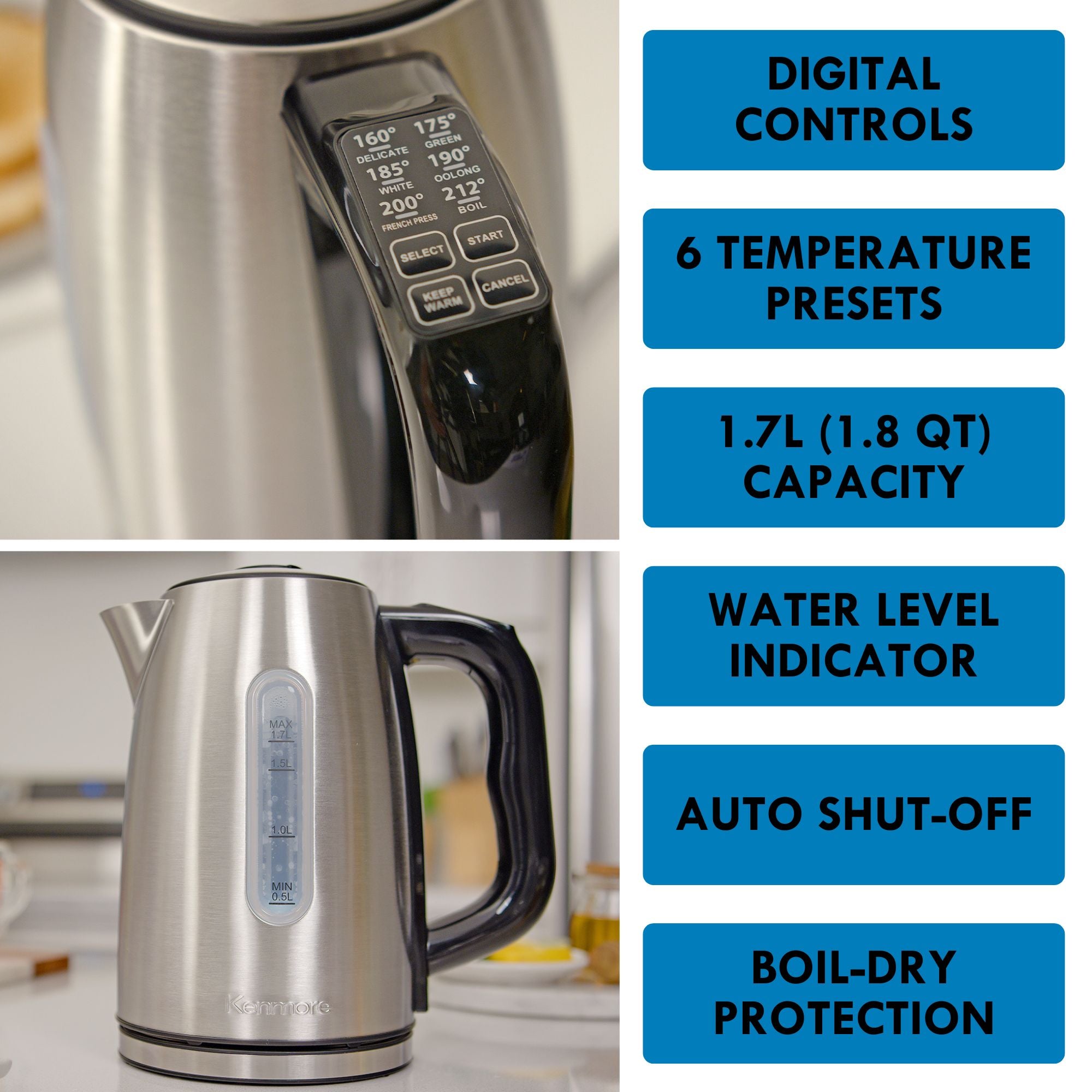 Kenmore cordless kettle on a white background on the left with a list of features to the right: Digital controls; 6 temperature presets; 1.7 L (1.8 qt) capacity; water level indicator; auto shut-off; boil-dry protection