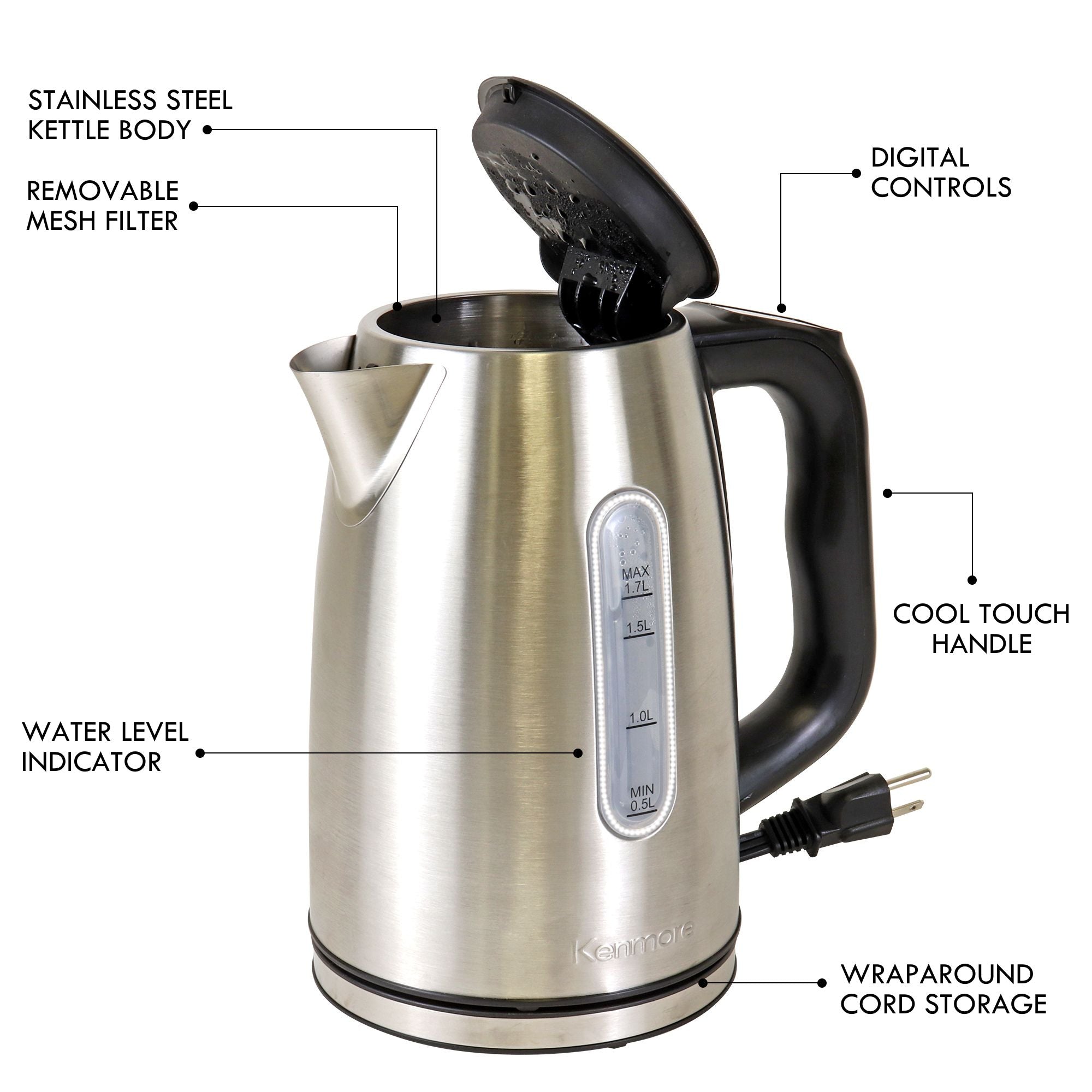 Kenmore 1.7 L programmable tea kettle, open, on a white background with parts and accessories labeled: Stainless steel kettle body; removable mesh filter; digital controls; cool touch handle; wraparound cord storage; water level indicator
