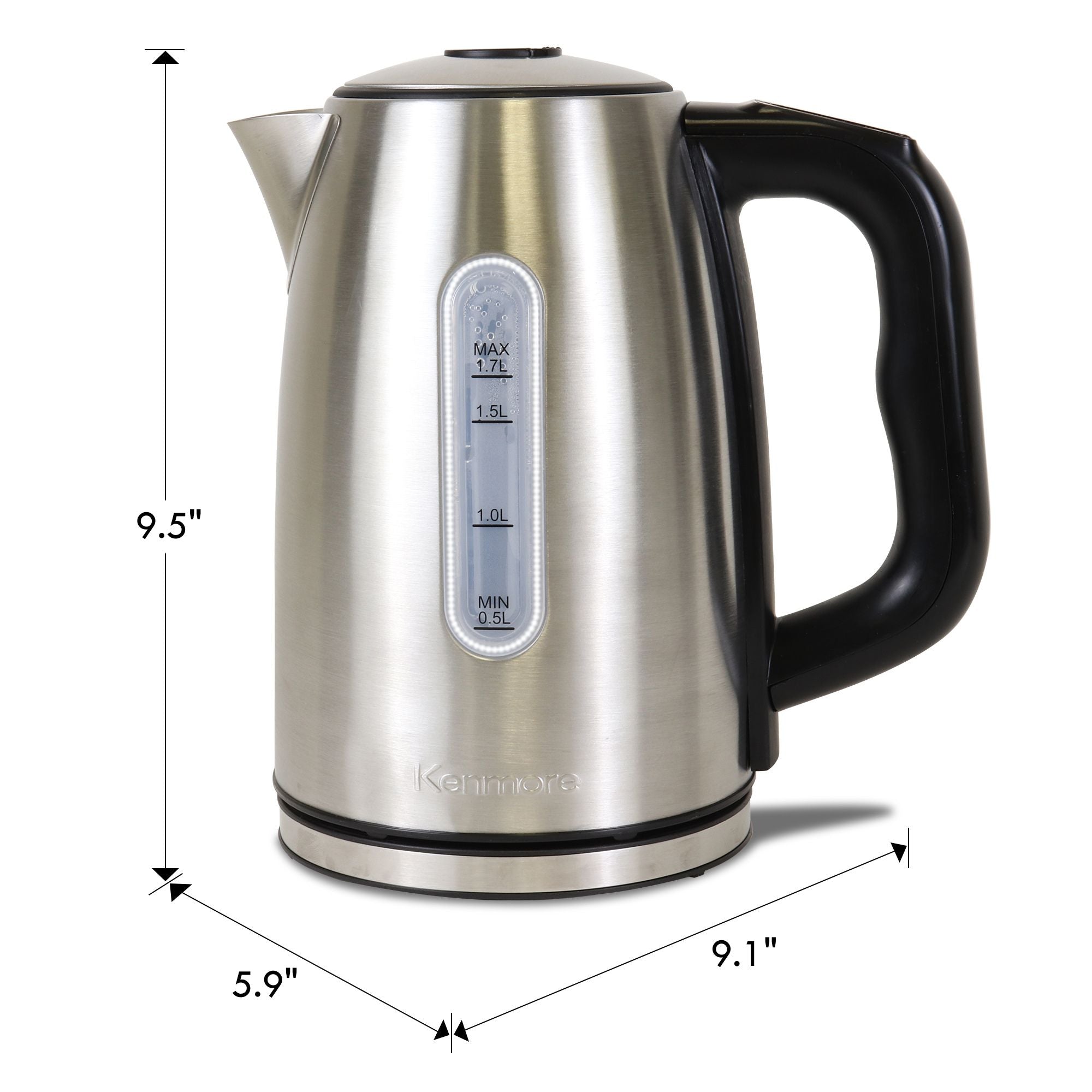 Kenmore stainless steel digital electric kettle on a white background with dimensions labeled