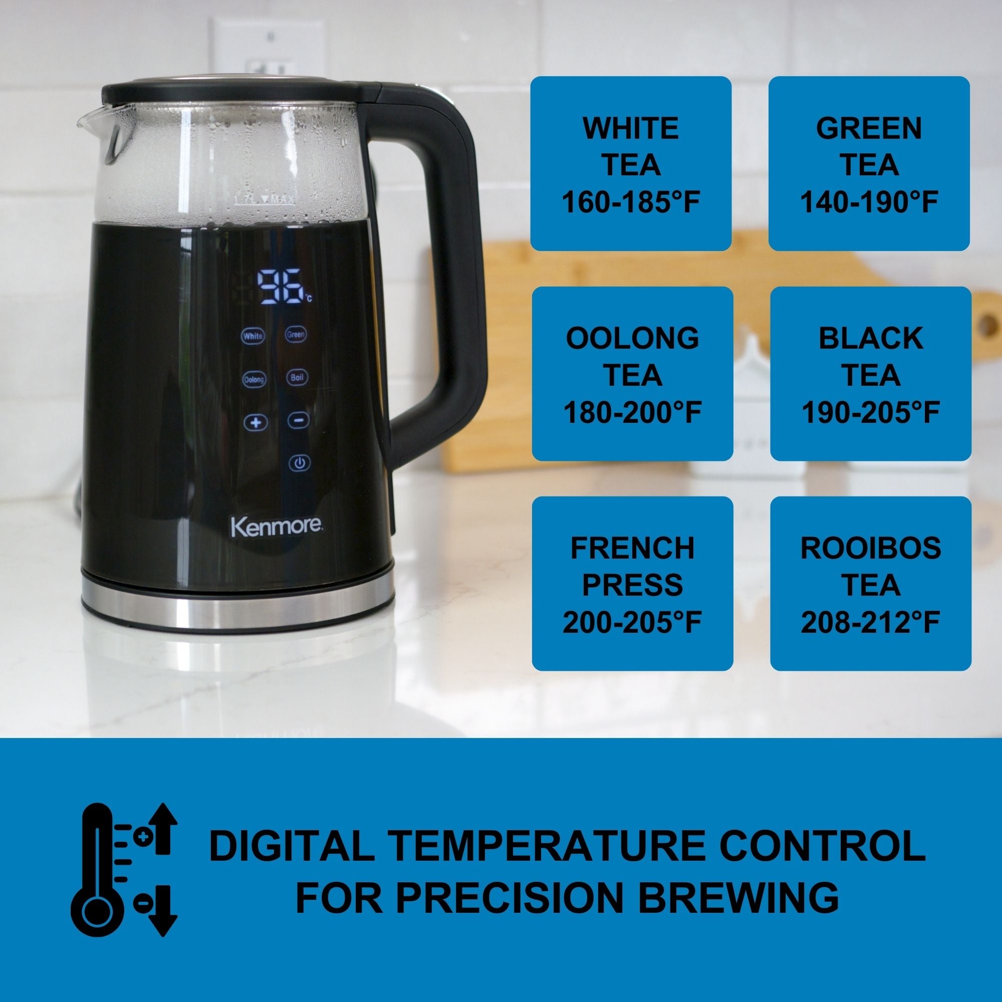 Kenmore digital cordless glass kettle on a white counter. Text below reads, "Digital temperature control for precision brewing" and optimal temperatures for different types of tea and coffee are listed to the right