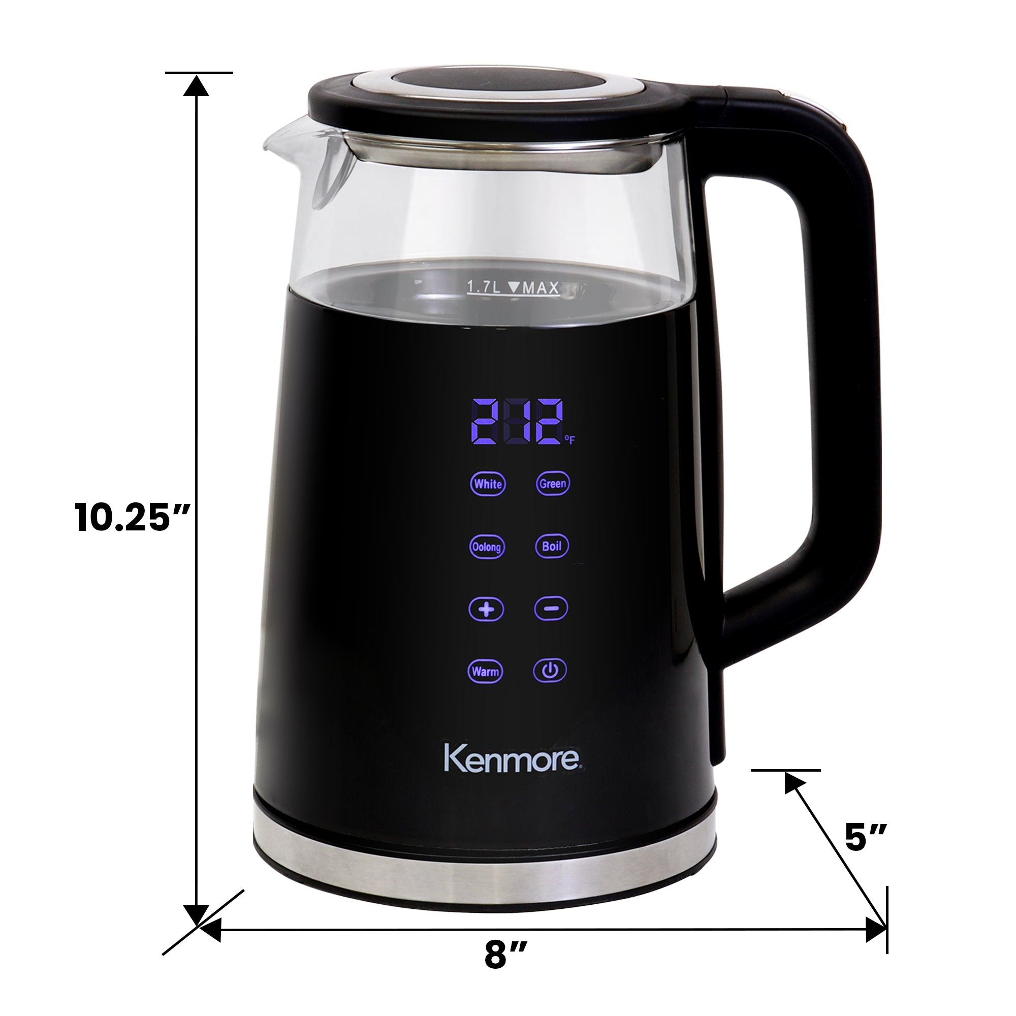 Kenmore digital cordless glass kettle on a white background with dimensions listed