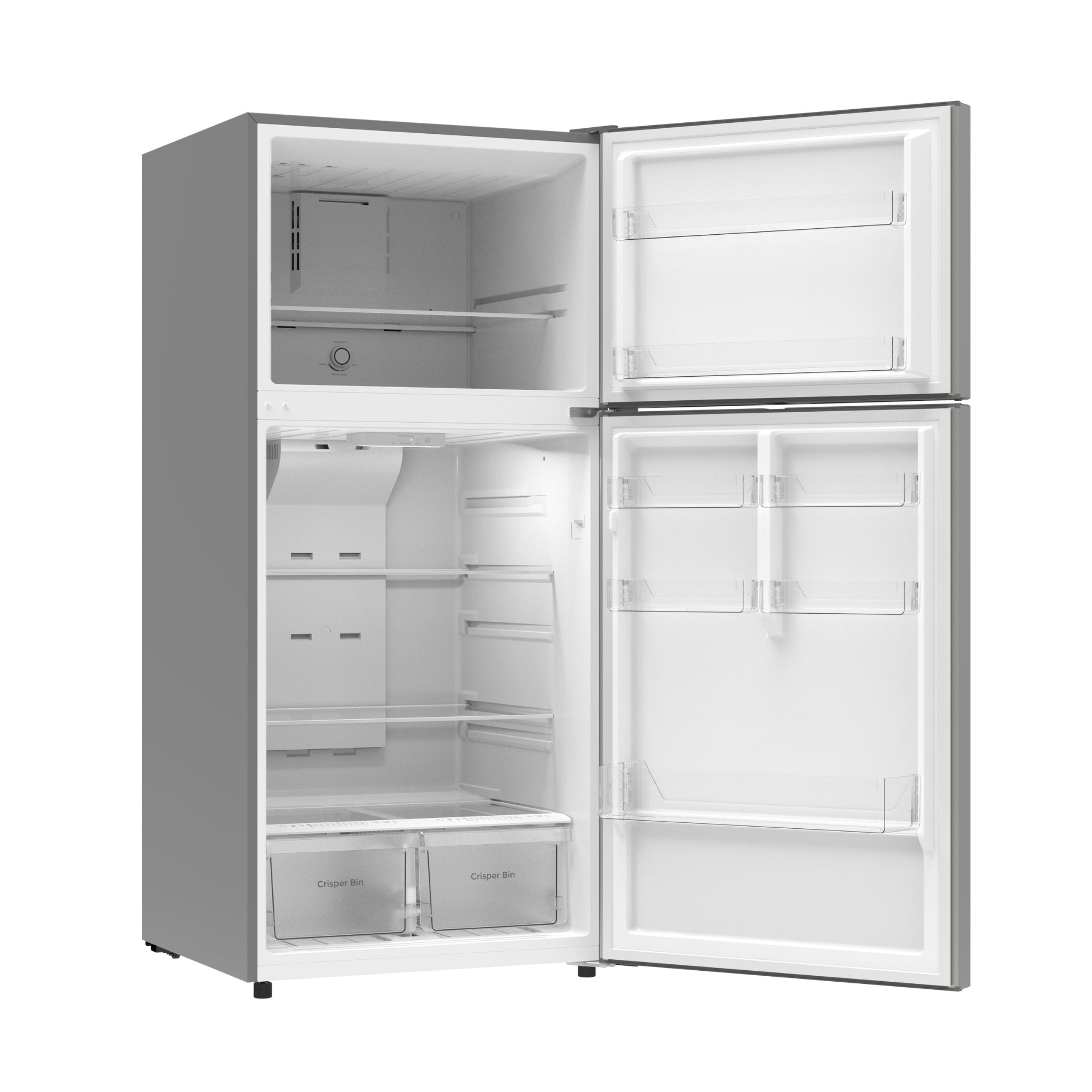 Kenmore 18.1 cu ft metallic steel top mount refrigerator, open, on a white background