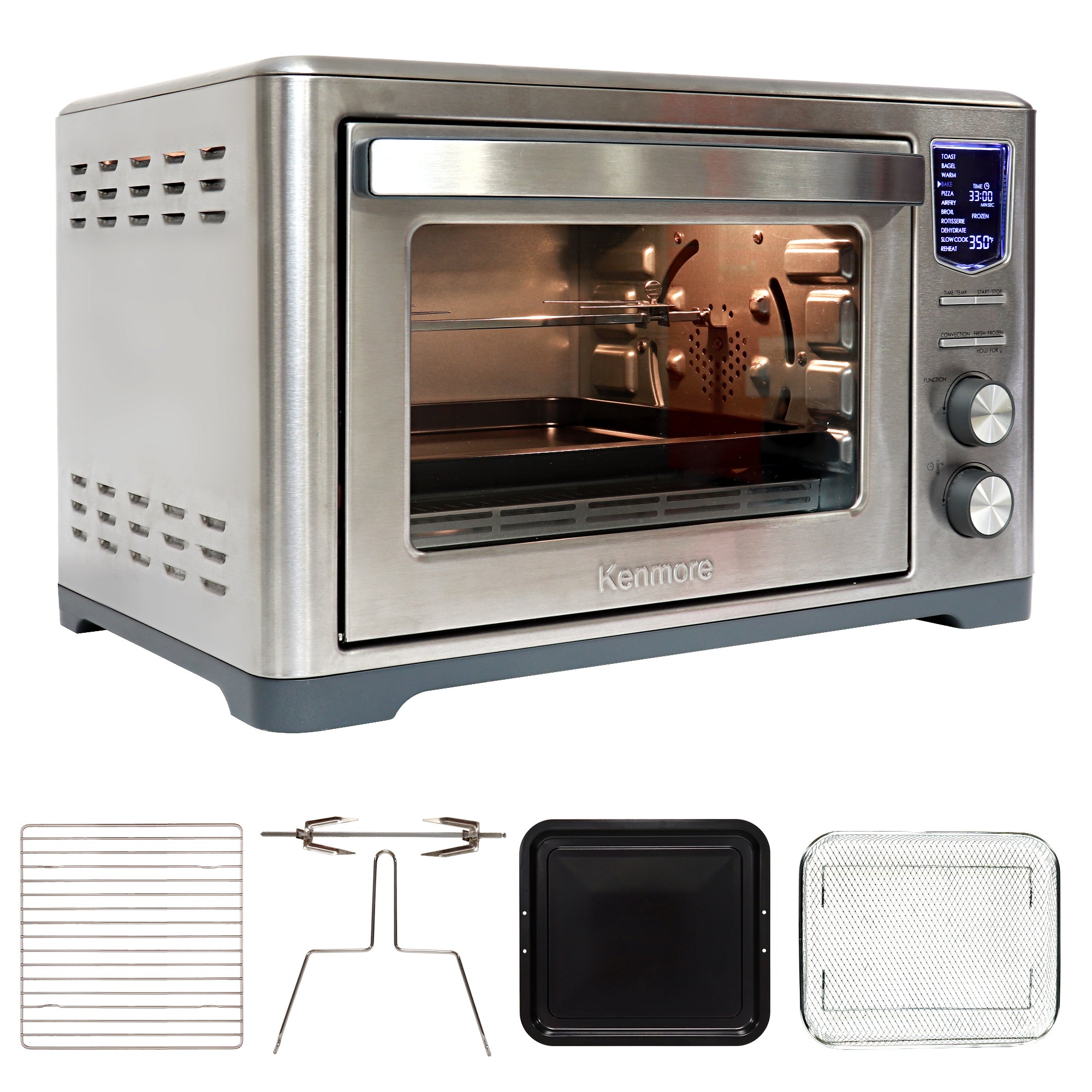 Kenmore 25 qt Digital Toaster Oven Air Fryer Rotisserie, empty and closed, on a white background with pictures of accessories (wire rack, dehydrator basket, baking pan, and rotisserie spit and handle) below