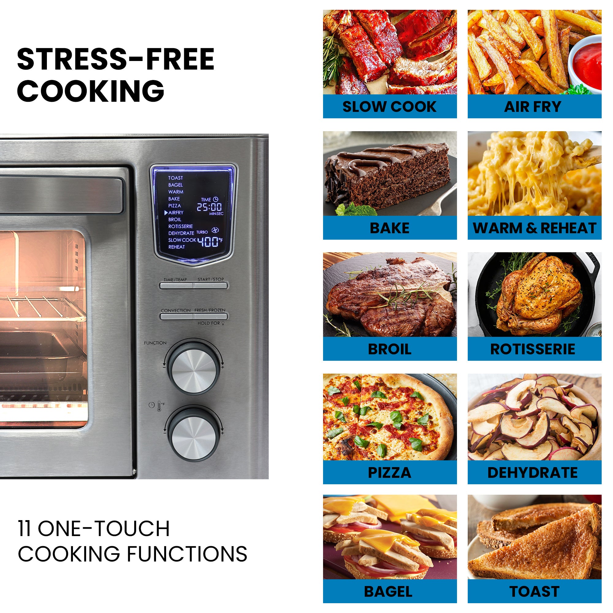 Closeup of the controls and interior light of the Kenmore digital convection toaster oven/air fryer with text above reading, "Stress-free cooking," and text below reading, "11 one-touch cooking functions." Ten images to the right, labeled, show examples of the cooking functions: Slow cook; air fry; bake; warm & reheat; broil; rotisserie; pizza; dehydrate; bagel; toast