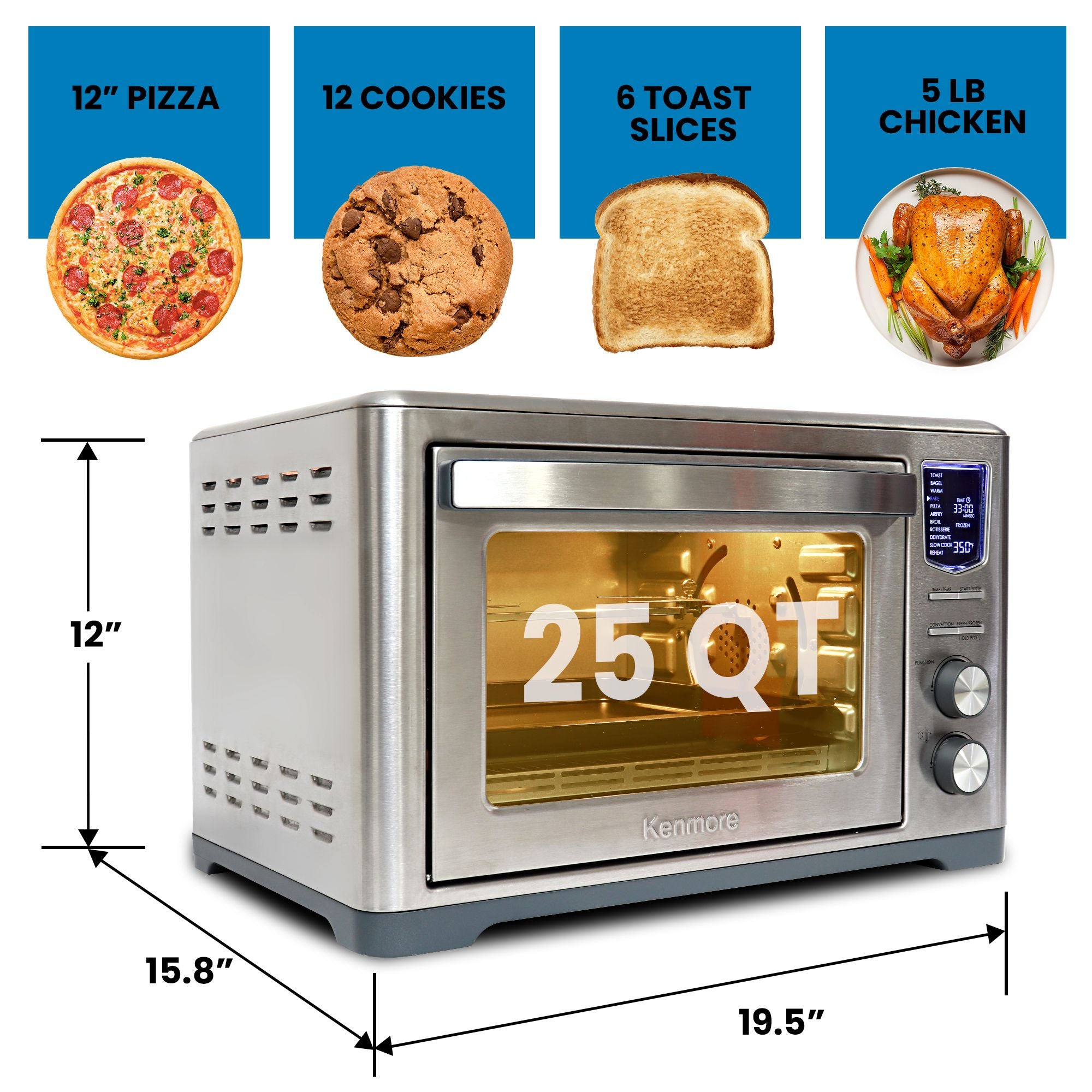 Kenmore 24L convection toaster oven on a white background with dimensions and capacity labeled and four inset pictures above showing what food fits inside: 12" pizza; 12 cookies; 6 toast slices; 5 lb chicken