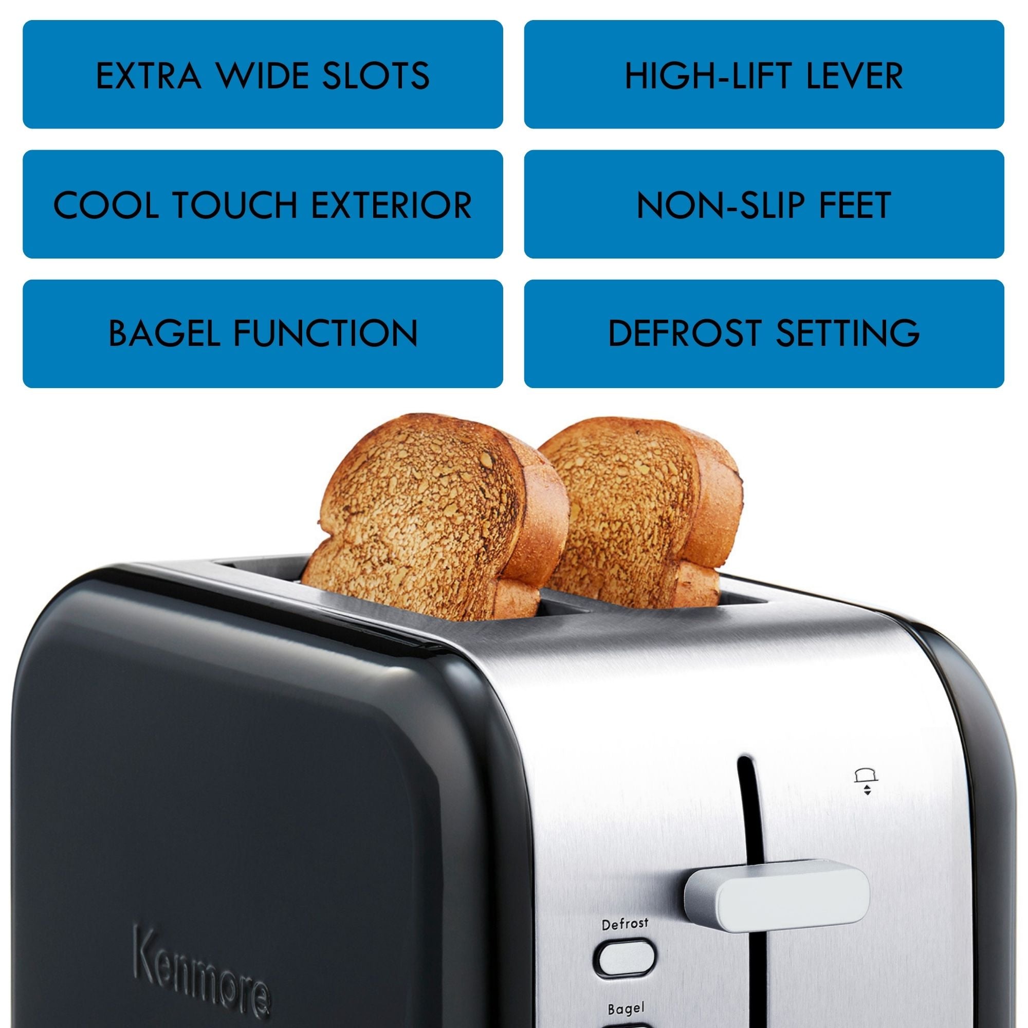 Kenmore 2-slice stainless steel toaster with two slices of toast inside on a white background with a list of features above: Extra-wide slots; high-lift lever; cool touch exterior; non-slip feet; bagel function; defrost setting