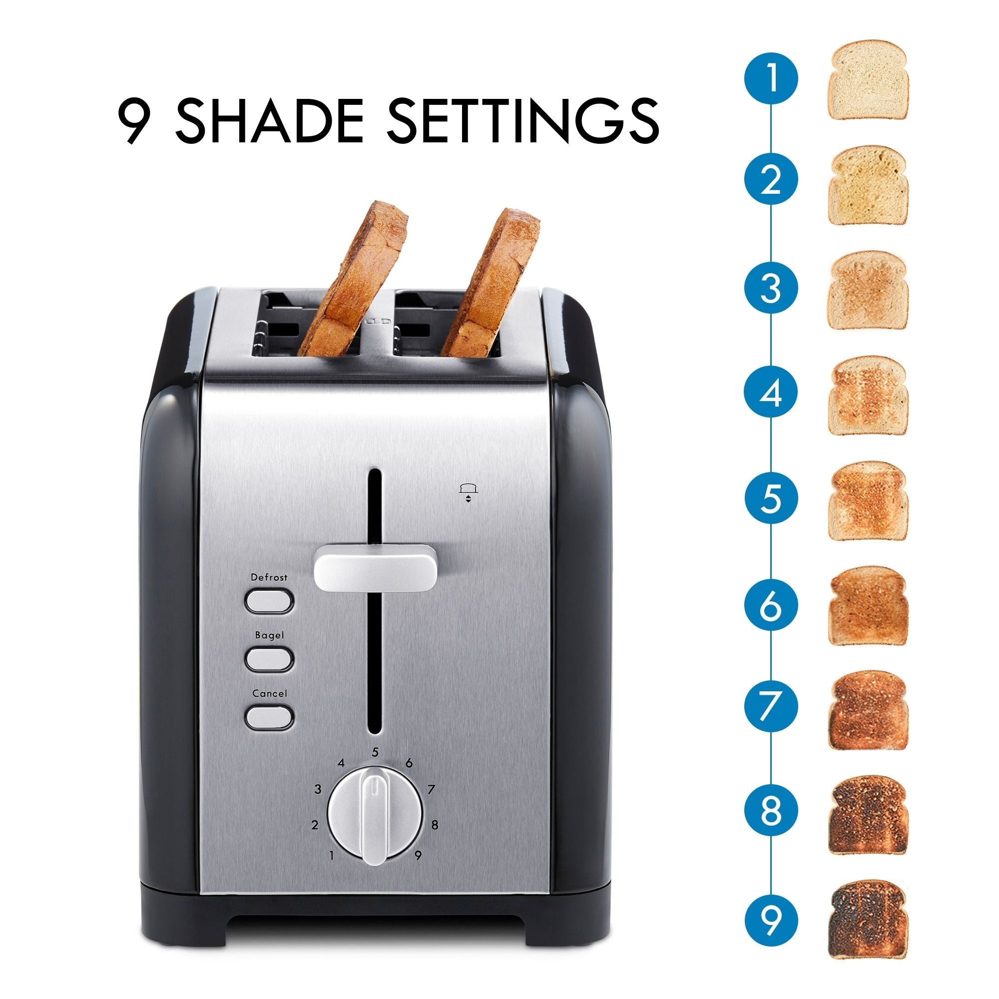 Kenmore 2-slice stainless steel toaster with two pieces of toast on the left with toast slices numbered 1-9 arranged vertically from lightest to darkest on the right. Text above reads, "9 shade settings"