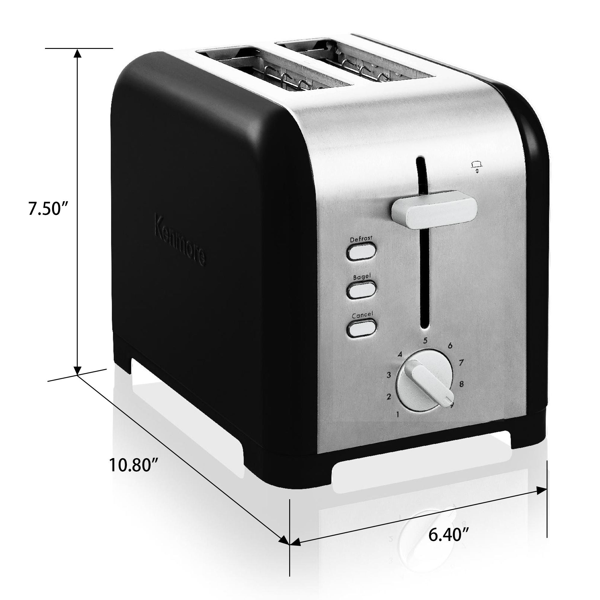 Kenmore 2-slice stainless steel toaster on a white background with dimensions labeled