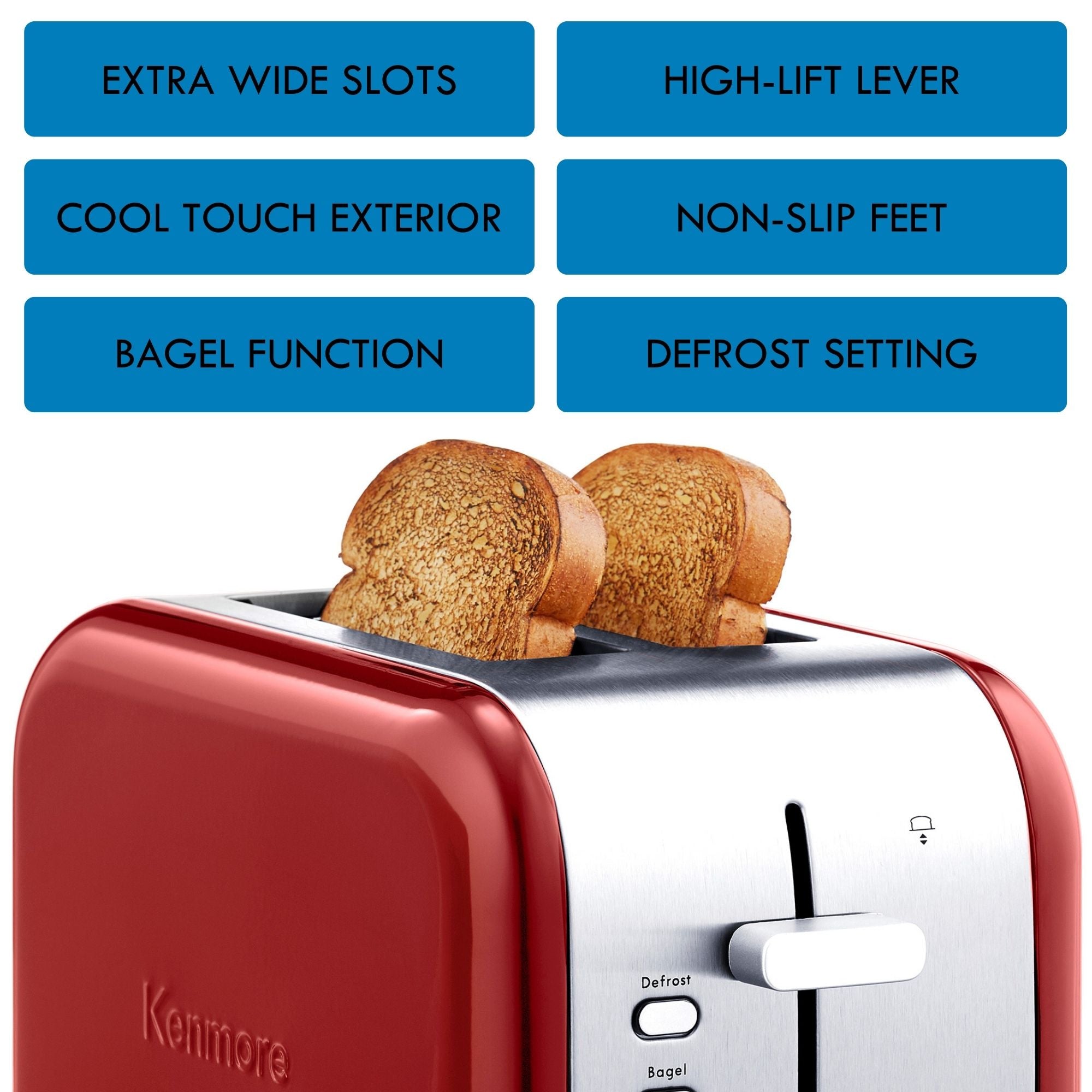 Kenmore 2-slice stainless steel toaster with two slices of toast inside on a white background with a list of features above: Extra-wide slots; high-lift lever; cool touch exterior; non-slip feet; bagel function; defrost setting