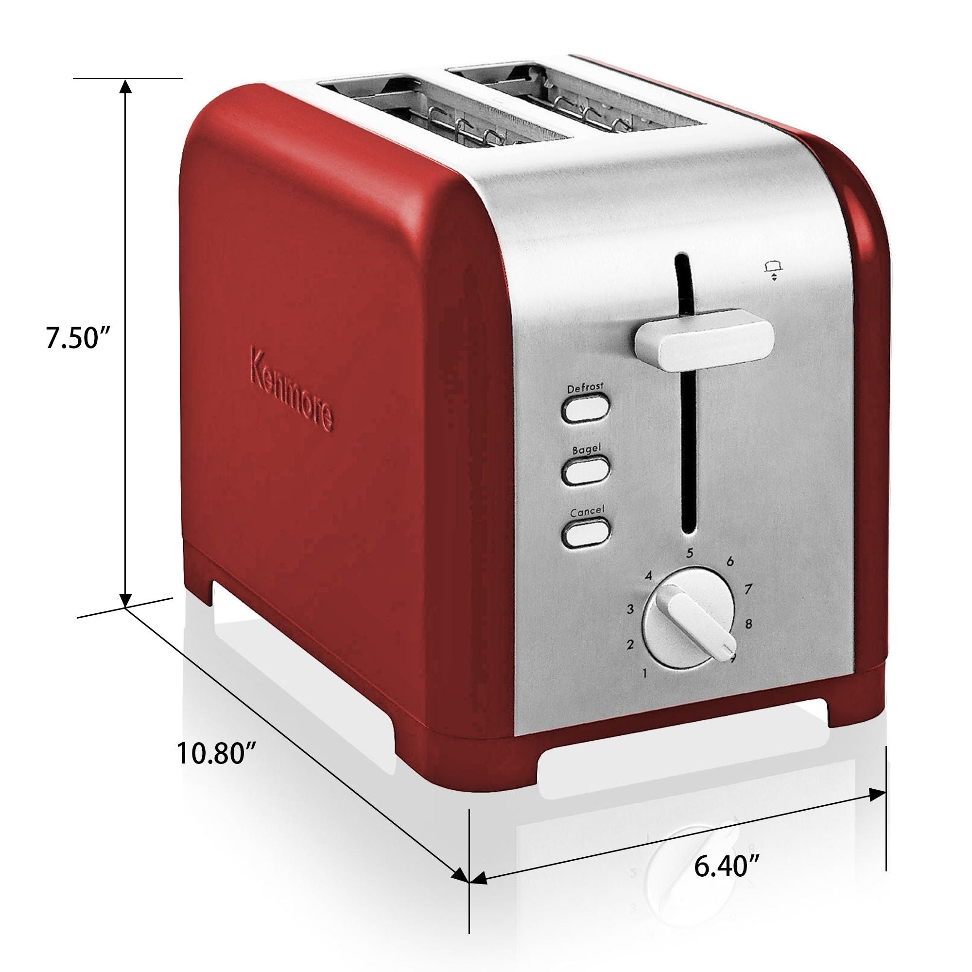 Kenmore 2-slice stainless steel toaster on a white background with dimensions labeled