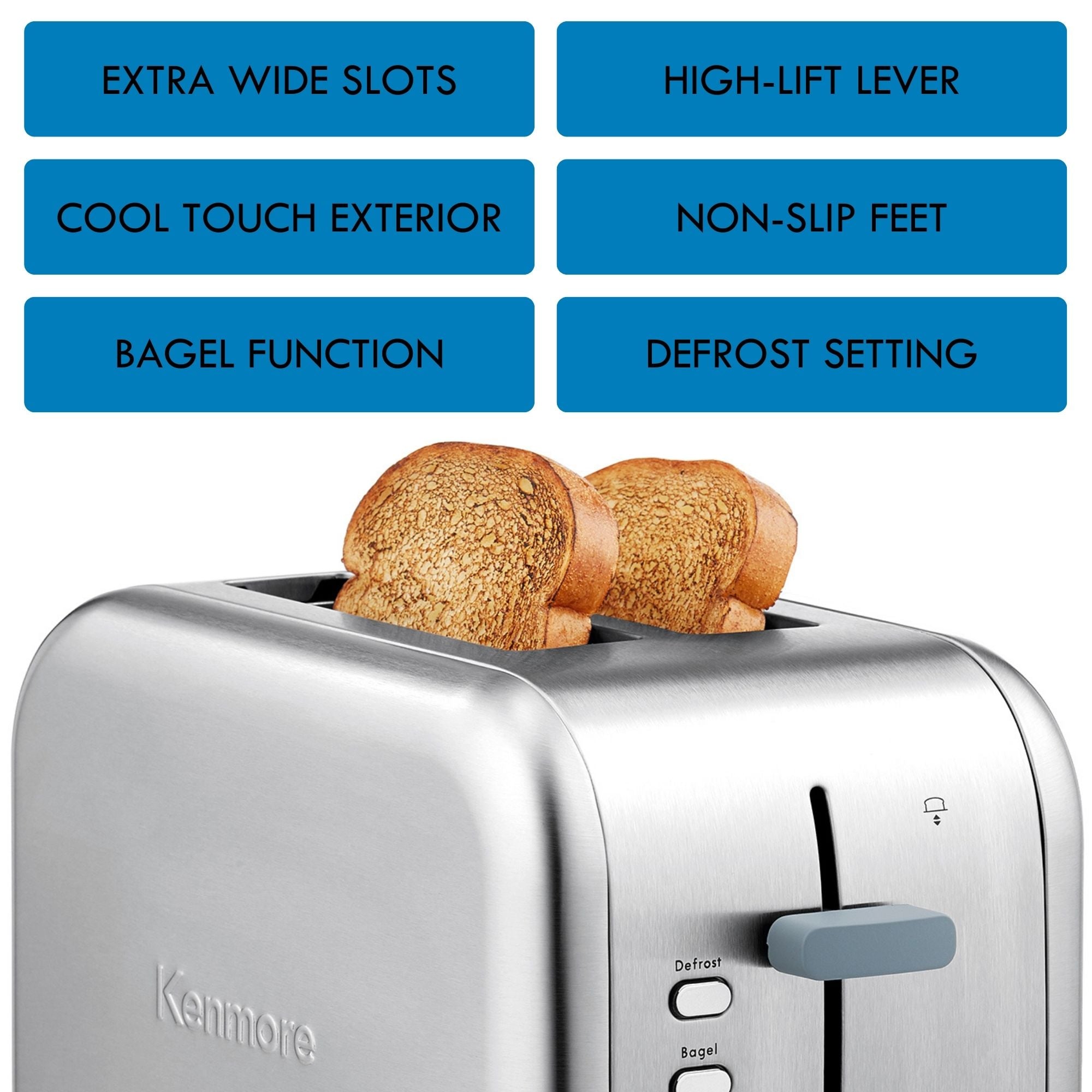 Kenmore 2-slice stainless steel toaster with two slices of toast inside on a white background with a list of features above: Extra-wide slots; high-lift lever; cool touch exterior; non-slip feet; bagel function; defrost setting