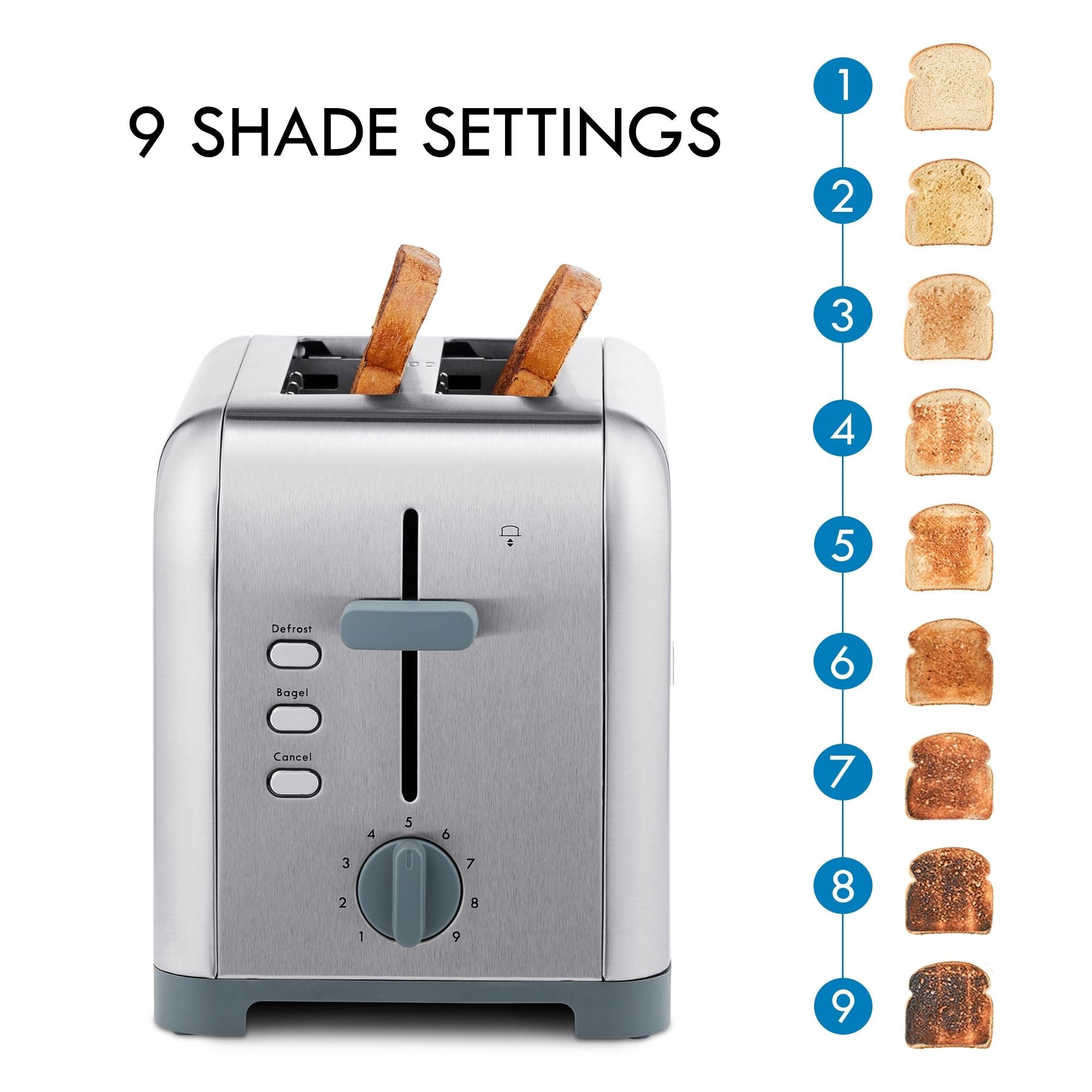 Kenmore 2-slice stainless steel toaster with two pieces of toast on the left with toast slices numbered 1-9 arranged vertically from lightest to darkest on the right. Text above reads, "9 shade settings"