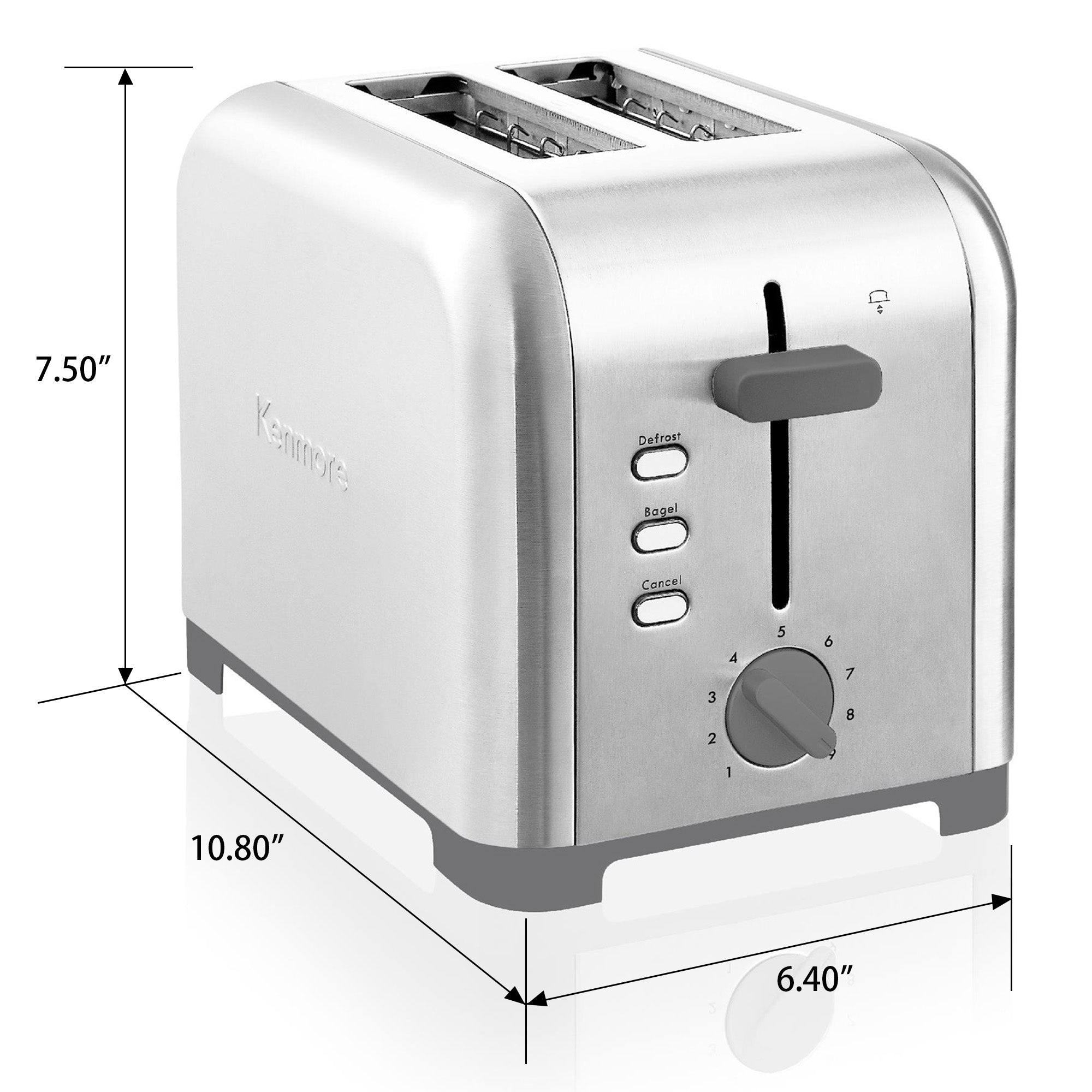 Kenmore 2-slice stainless steel toaster on a white background with dimensions labeled