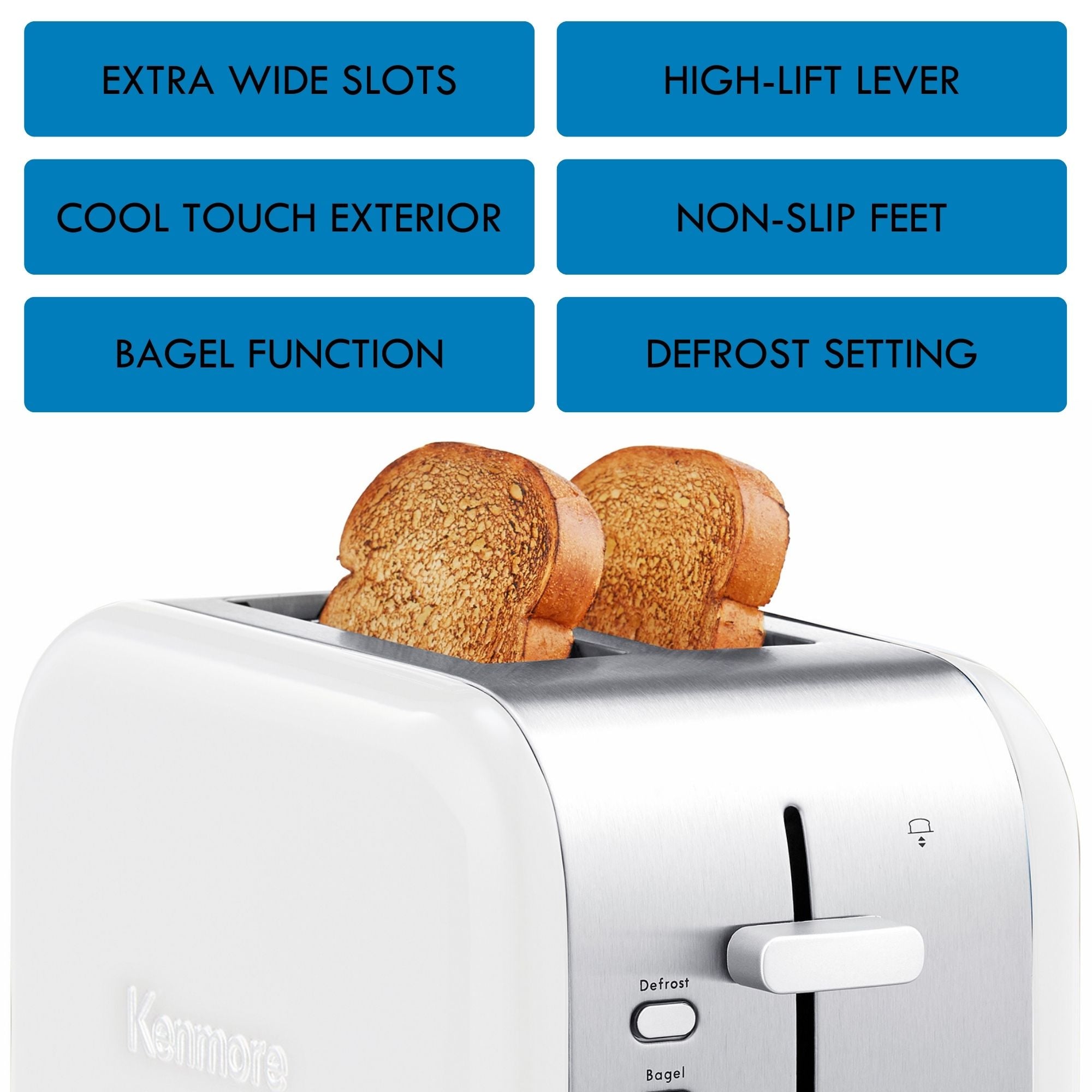 Kenmore 2-slice stainless steel toaster with two slices of toast inside on a white background with a list of features above: Extra-wide slots; high-lift lever; cool touch exterior; non-slip feet; bagel function; defrost setting