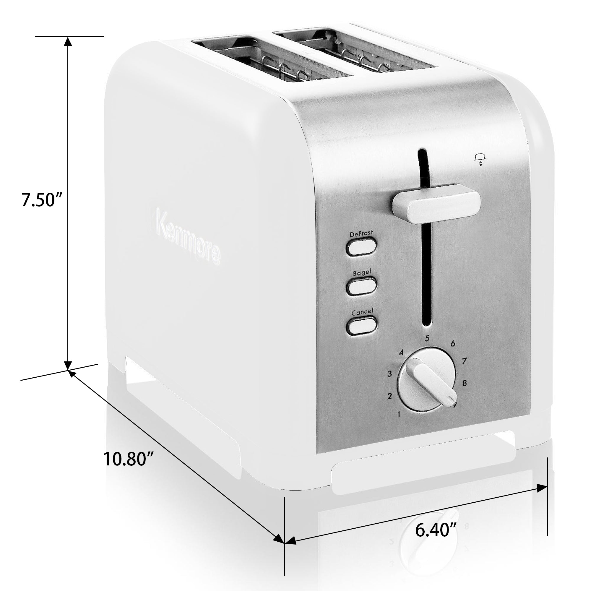 Kenmore 2-slice stainless steel toaster on a white background with dimensions labeled