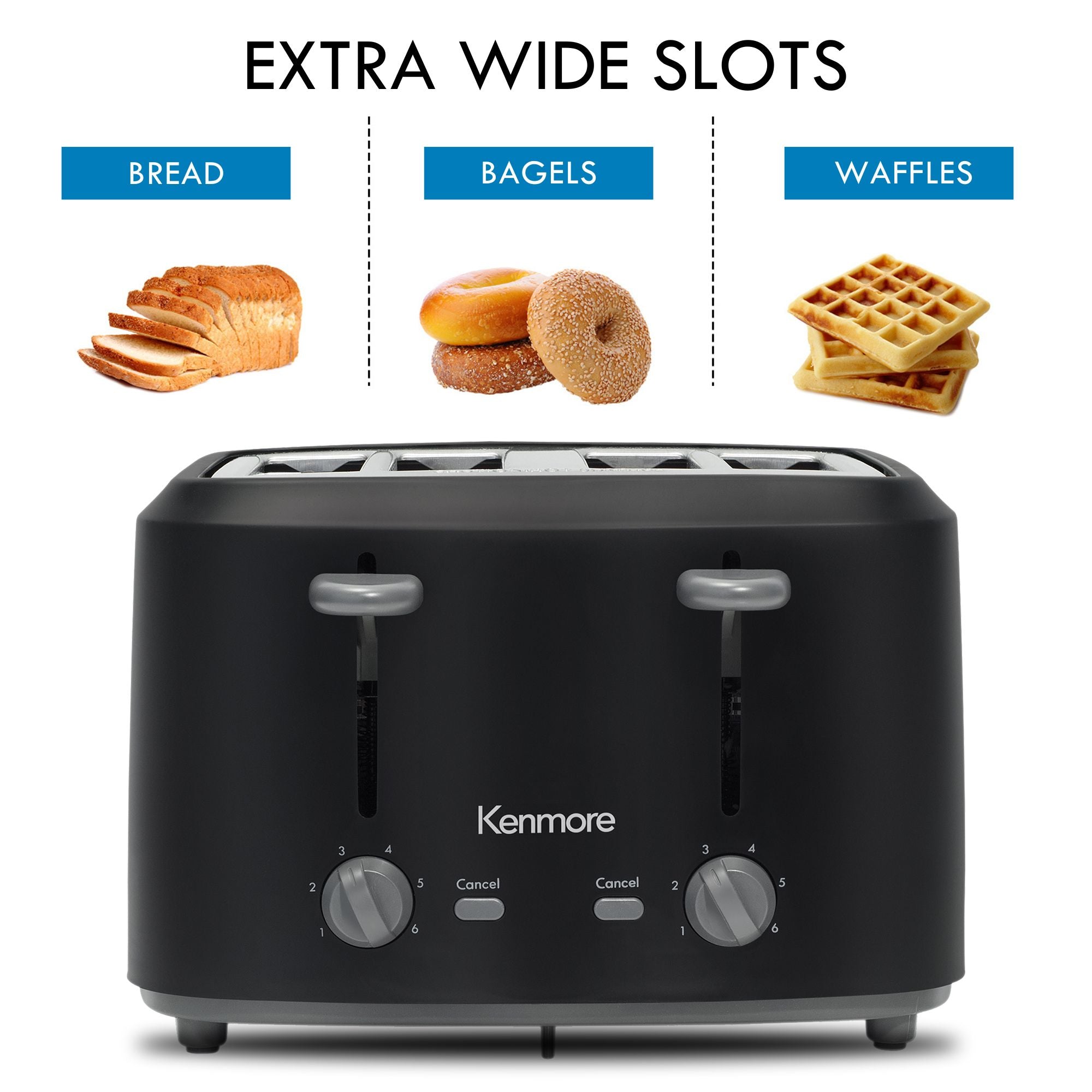 Kenmore 4-slice matte black toaster on a white background. Above are small pictures of a loaf of bread, a stack of bagels, and a stack of waffles, labeled. Text at the top reads, "Extra wide slots"