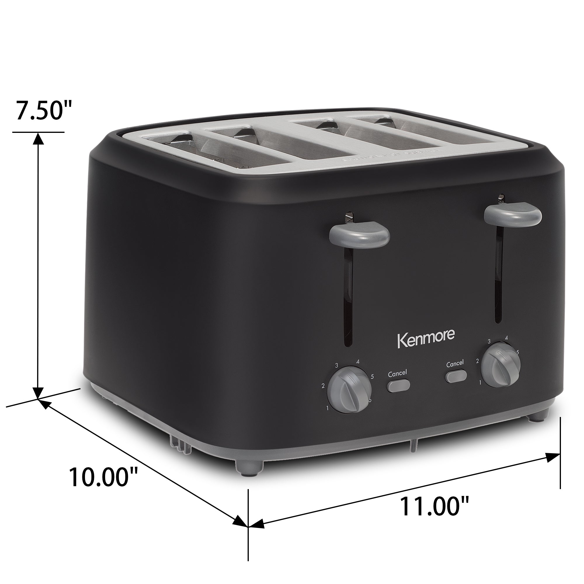 Kenmore 4-slice matte black toaster on a white background with dimensions labeled
