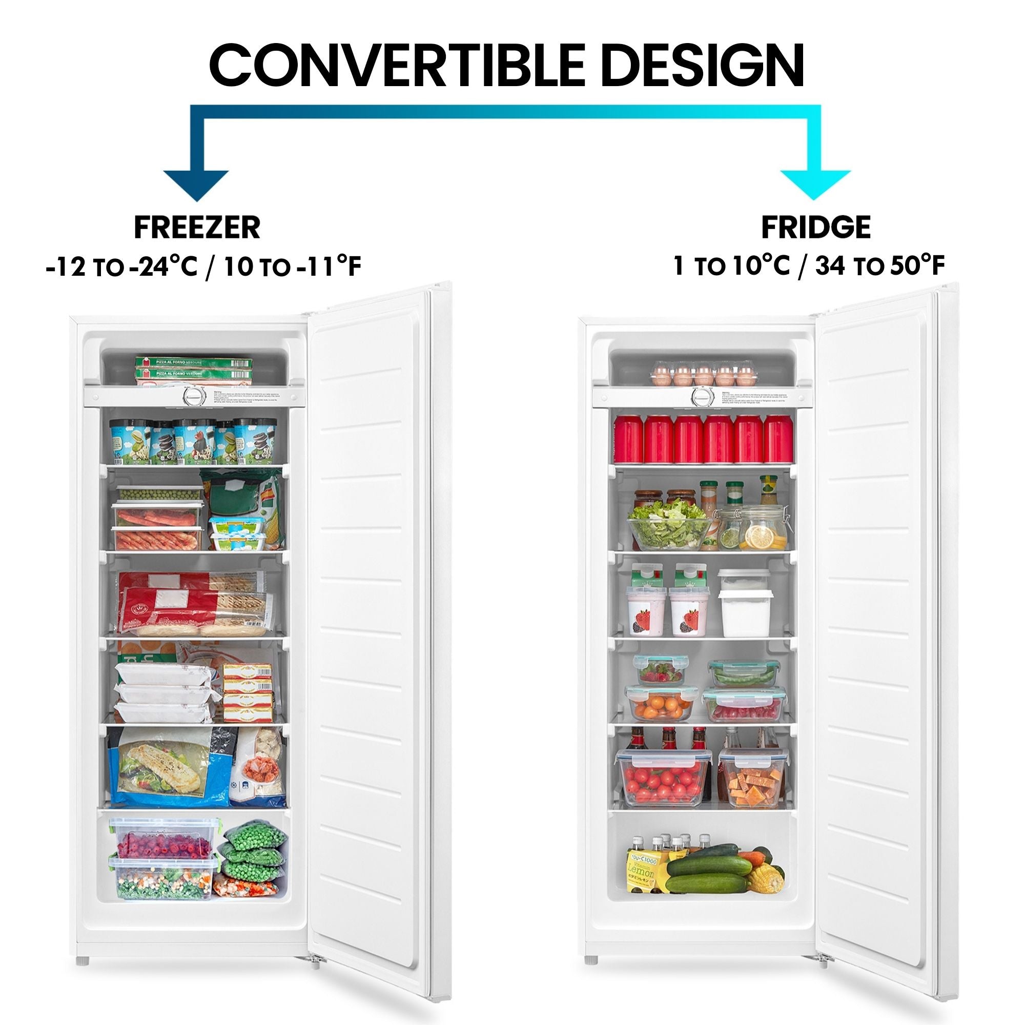 Two pictures show the Kenmore upright convertible open and filled with food items being used as a freezer and a refrigerator. Text above reads, "Convertible design: Freezer -12°C to -24°C; Fridge 1°C to 10°C"