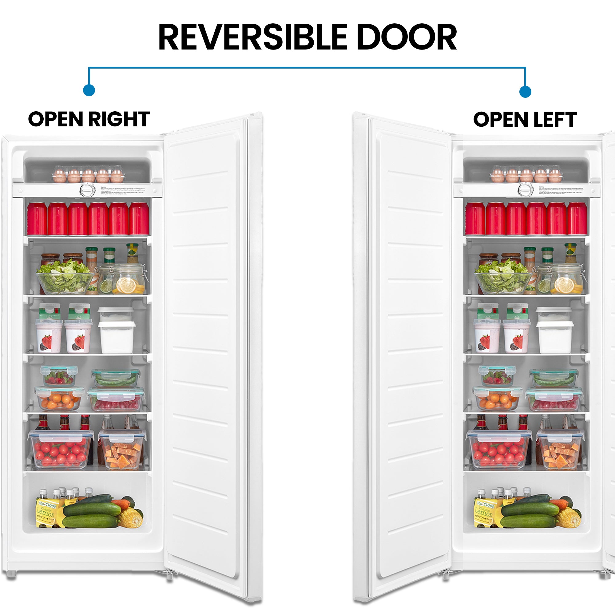 Two pictures show the Kenmore upright convertible open and filled with food items with the reversible installed to open right and left