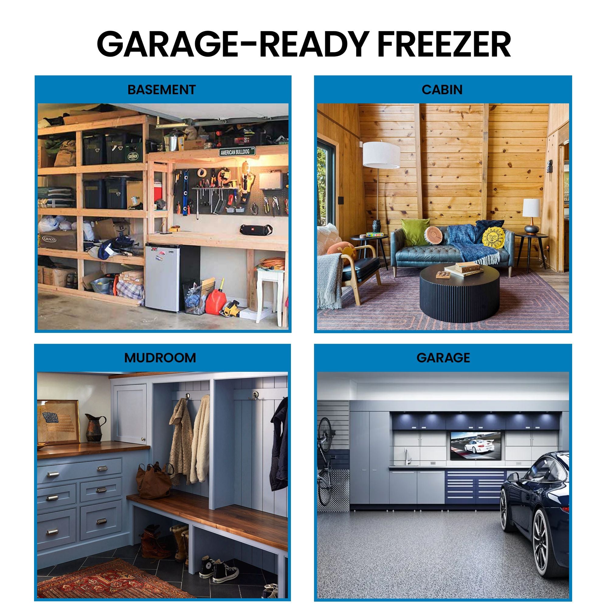 Four images show settings where the freezer could be used: Basement, cabin, mudroom, garage. Text above reads, "Garage-ready in freezer mode"