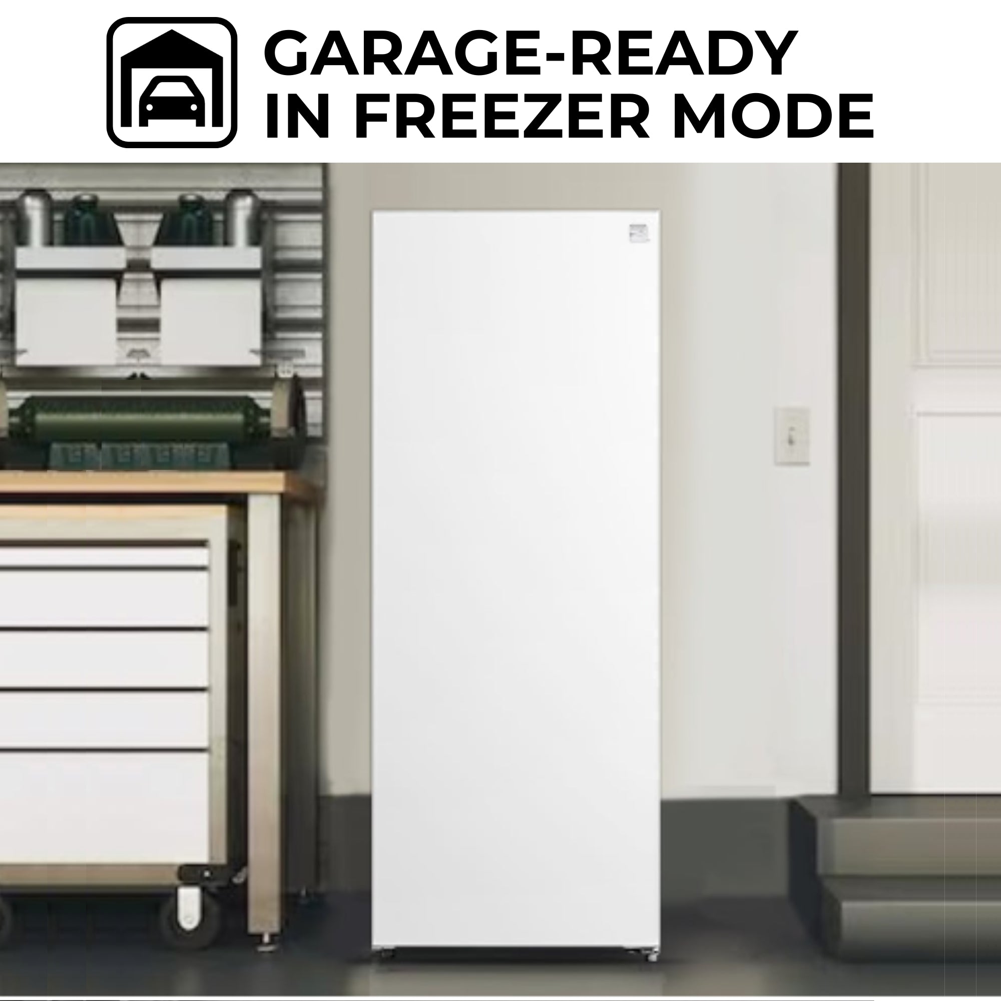 Four images show settings where the freezer could be used: Basement, cabin, mudroom, garage. Text above reads, "Garage-ready freezer"