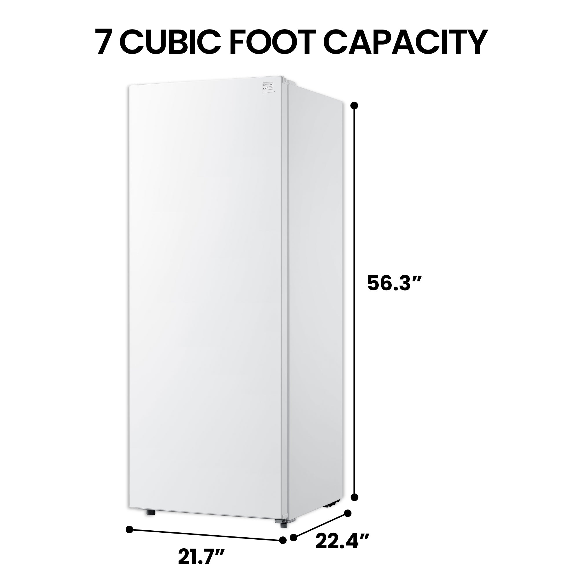 Kenmore upright convertible freezer on a white background with dimensions labeled and text above reading, "7 cubic foot capacity"