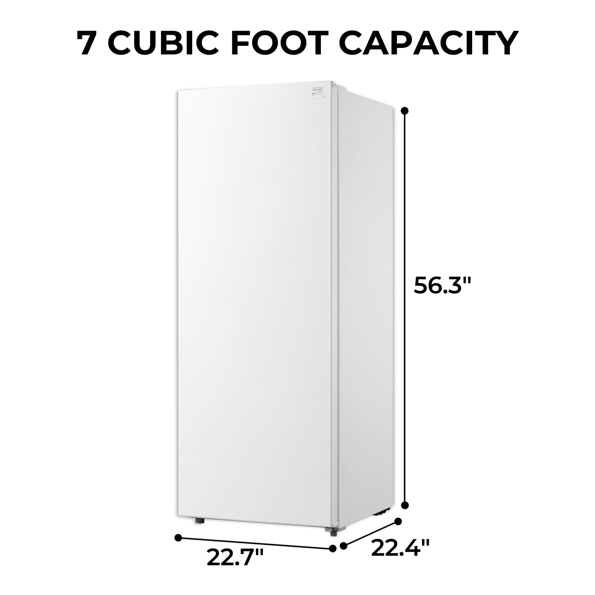 Kenmore upright convertible freezer on a white background with dimensions labeled and text above reading, "7 cubic foot capacity"