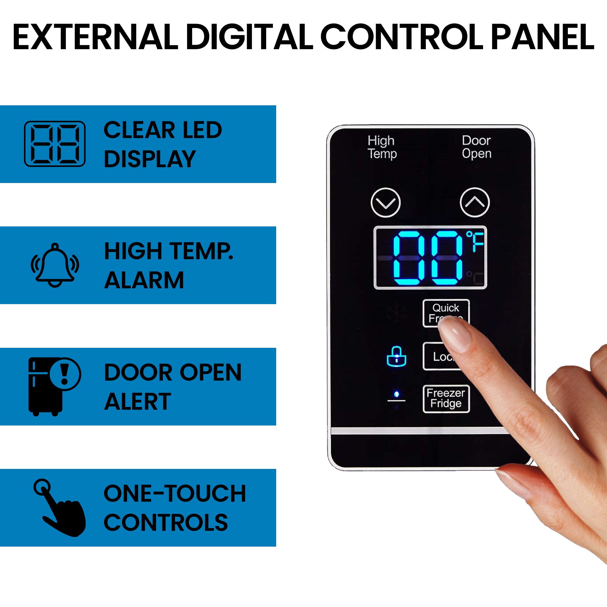 Closeup image of a finger touching the digital control panel with features listed to the left: Clear LED display; high temperature alarm; door open alert; one-touch controls.
