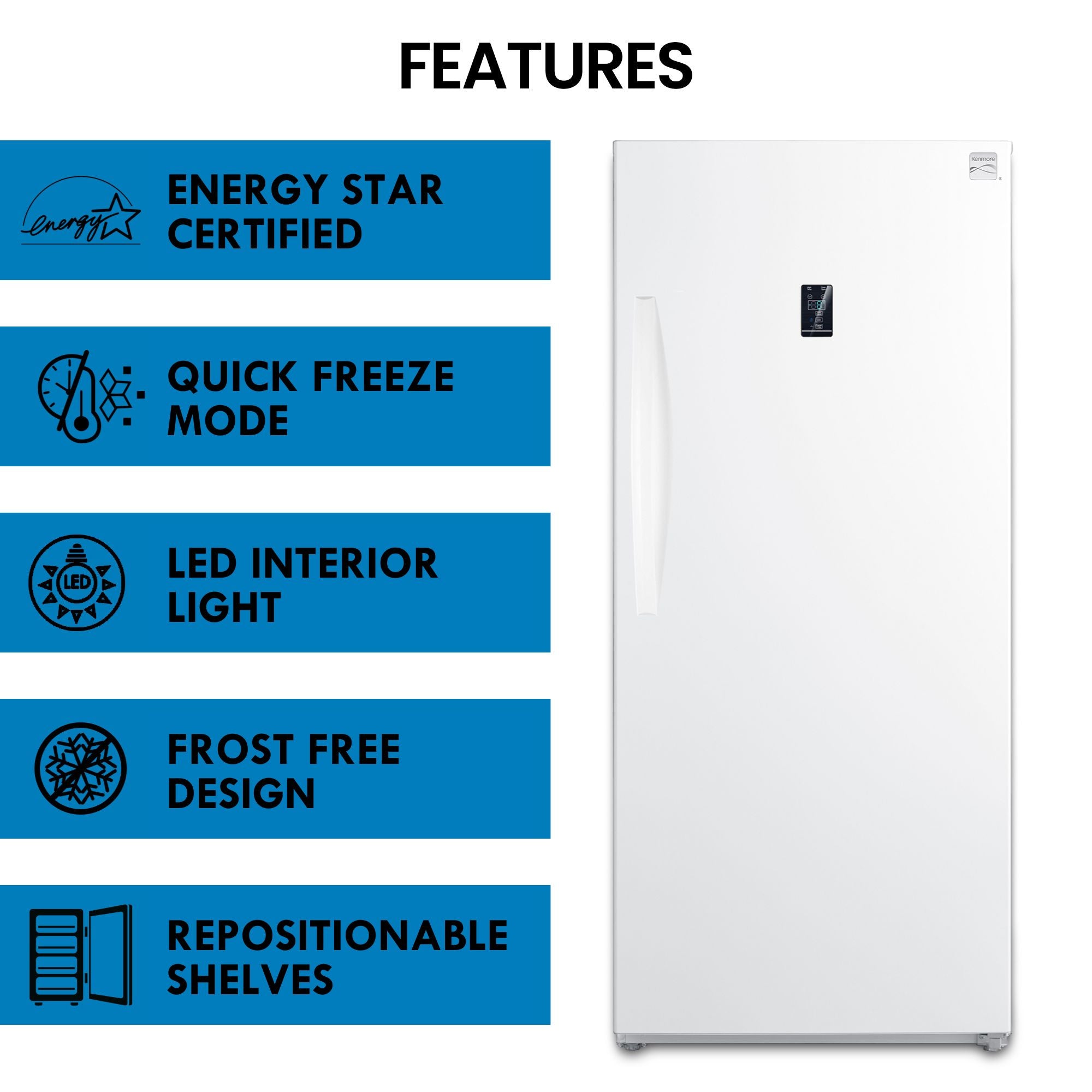 Kenmore upright convertible fridge freezer on a white background with features listed to the left: Energy Star certified; quick freeze mode; LED interior light; frost free design; repositionable shelves