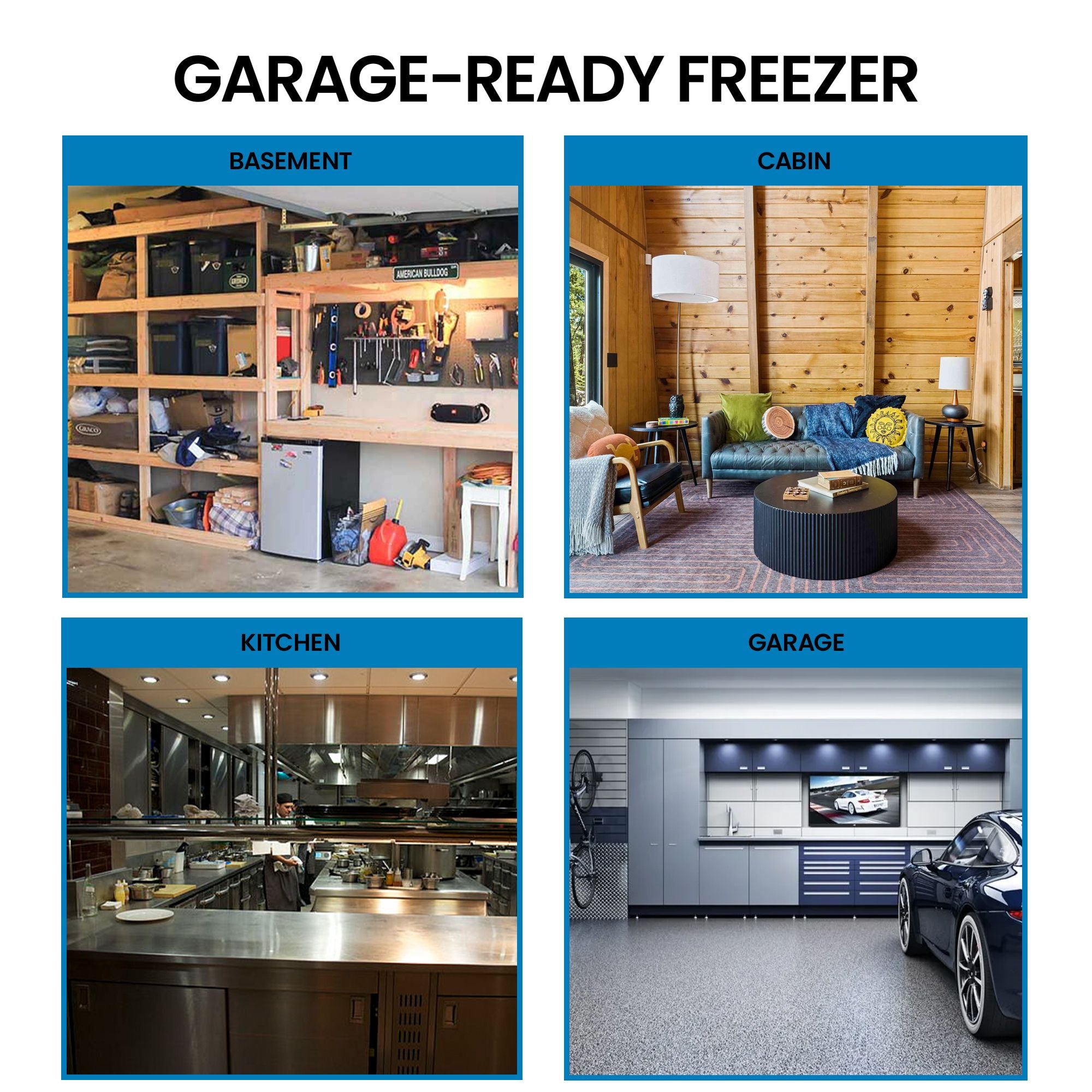 Four images show settings where the freezer could be used: Basement, cabin, kitchen, garage. Text above reads, "Garage-ready in freezer mode"