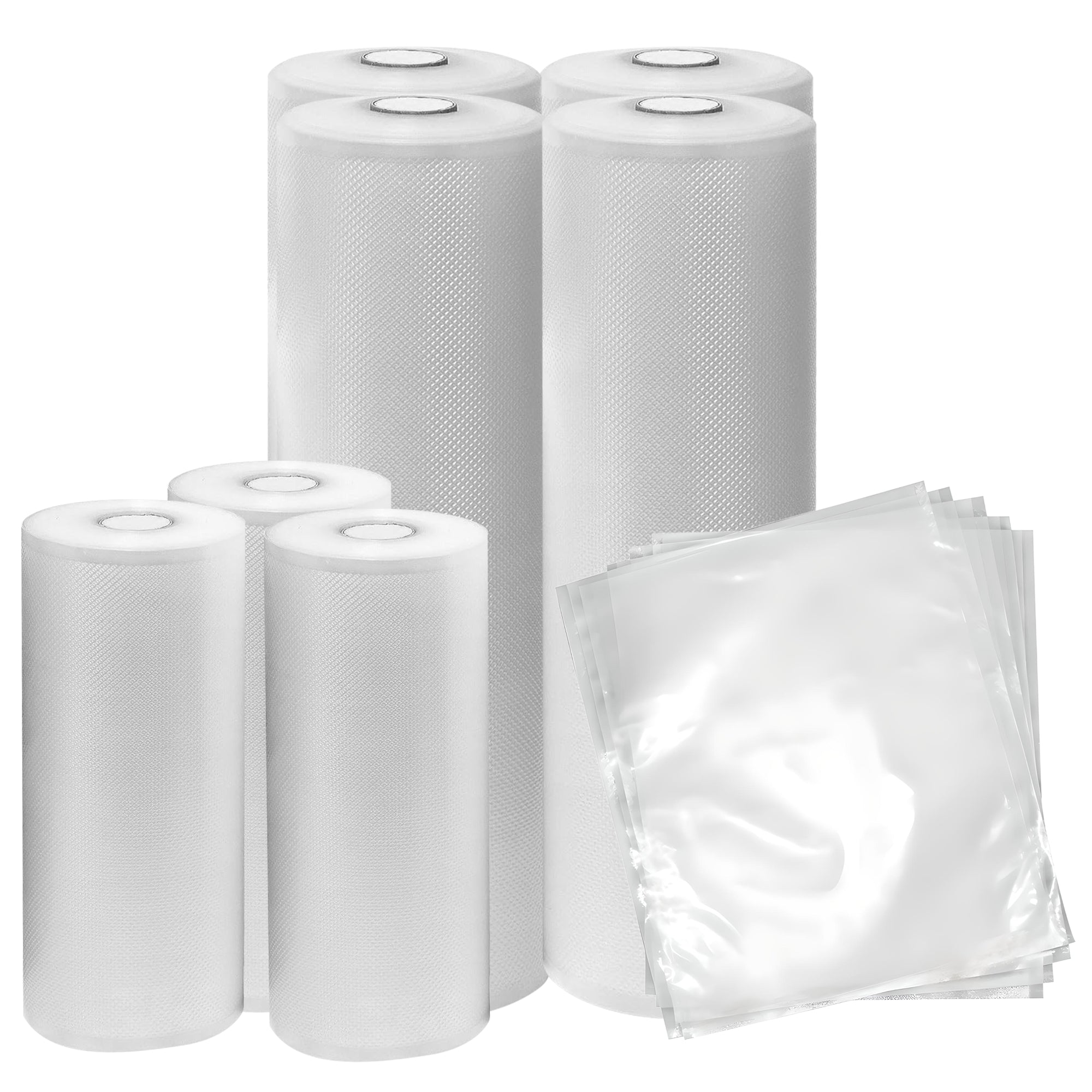 4 large bag rolls, 3 small bag rolls, and a pile of precut vacuum sealing bags on a white background