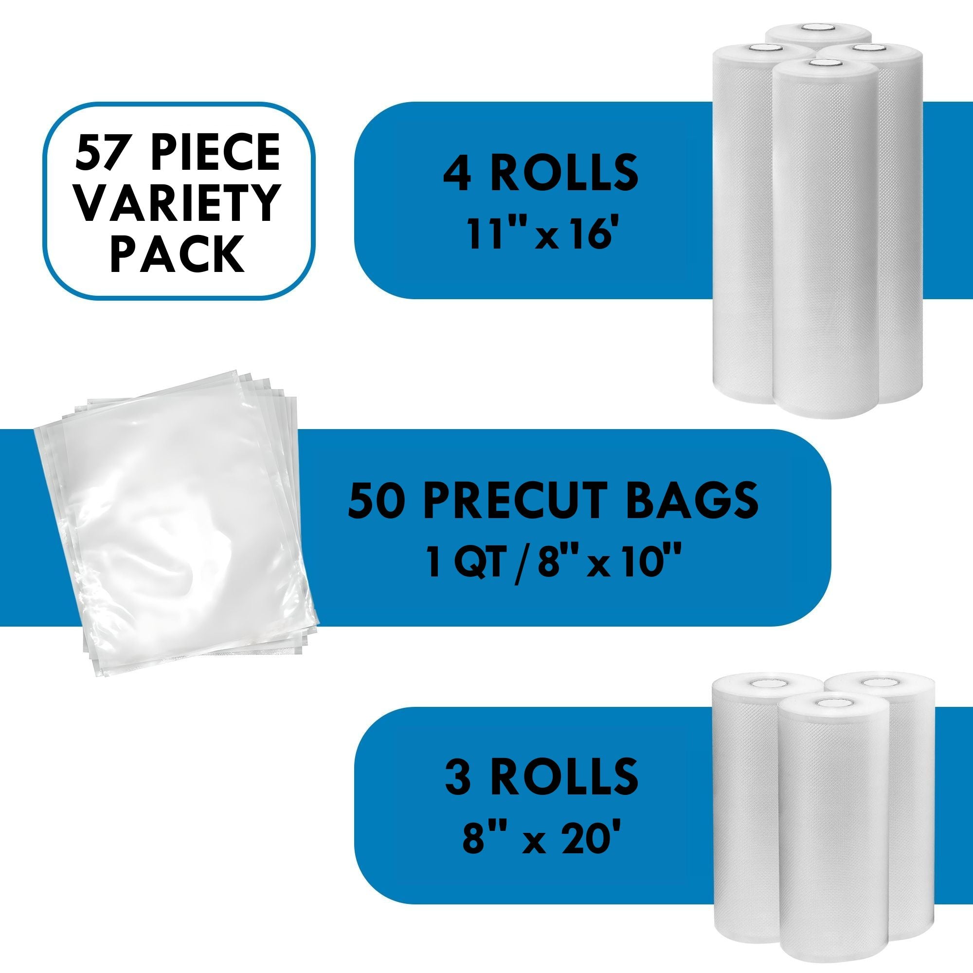 Four large rolls, 3 small rolls, and a pile of pre-cut bags from the Kenmore Kenmore vacuum sealer bag 57-piece assortment, labeled with their sizes