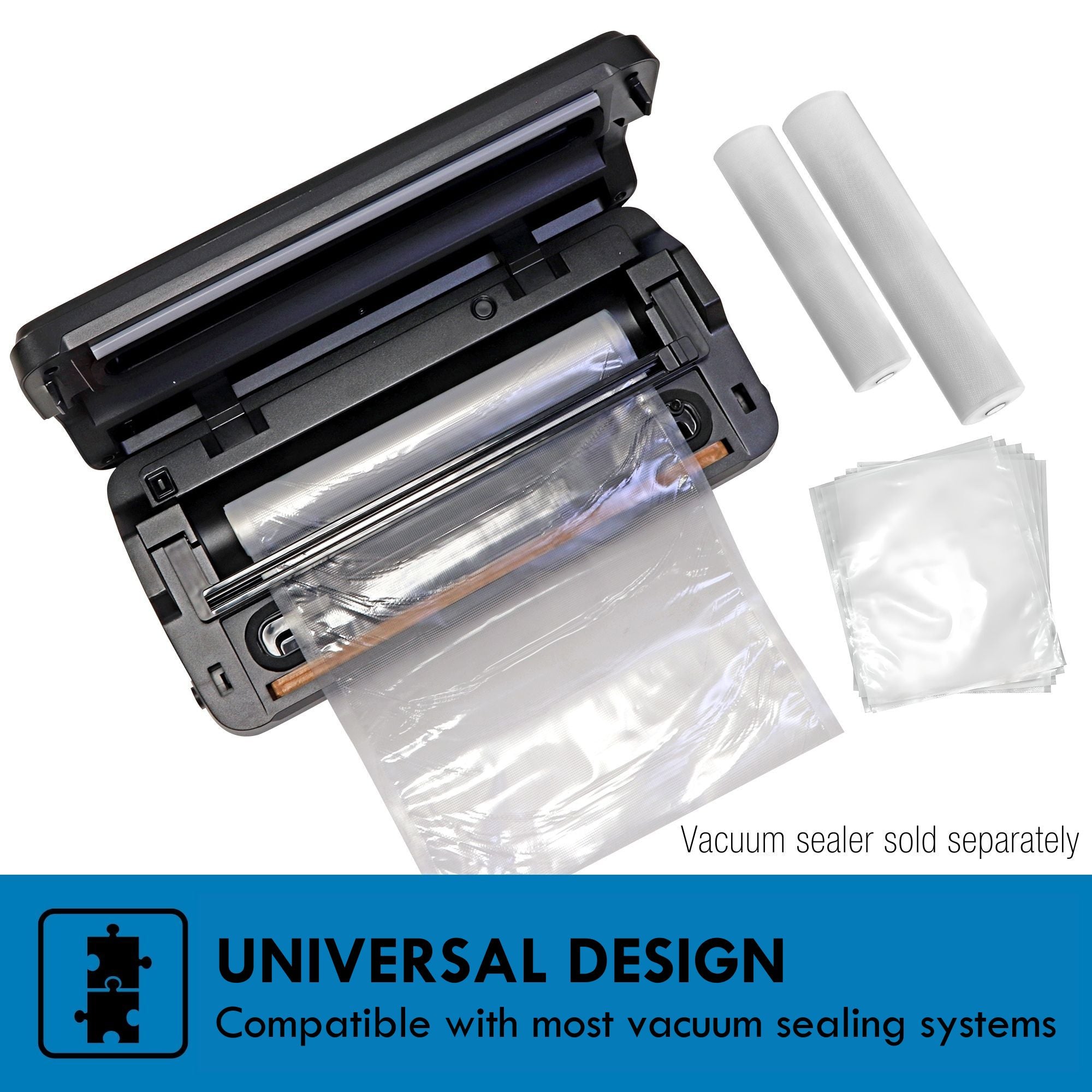 Kenmore vacuum food sealer, open with a bag roll inside and pre-cut bags and bag rolls beside it, on a white background. Text below reads, "Universal design: Compatible with most vacuum sealing systems"