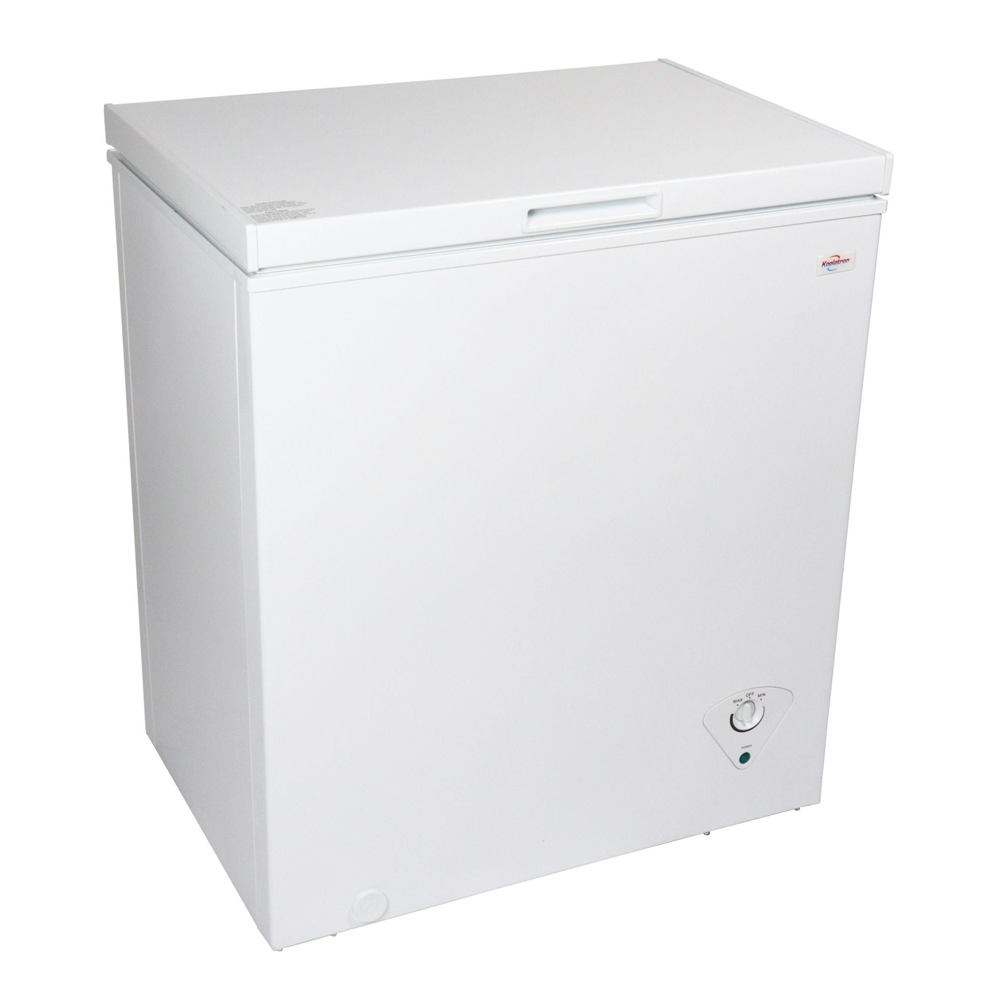Koolatron white chest freezer, closed, on a white background