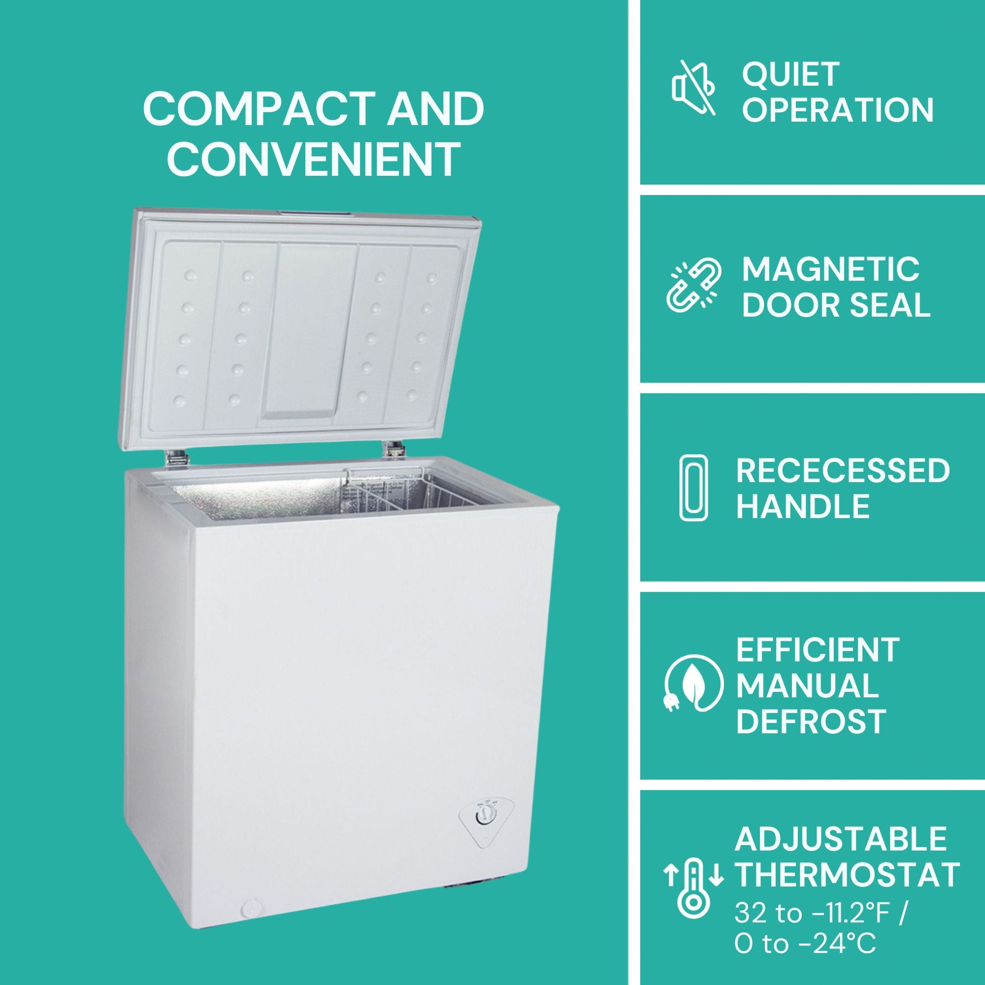 Koolatron white chest freezer, open, on an aqua background with text above reading, "Compact and convenient." Icons and text to the right describe features: Quiet operation; magnetic door seal; recessed handle; efficient manual defrost; adjustable thermostat 32 to -11.2°F/0 to -24°C