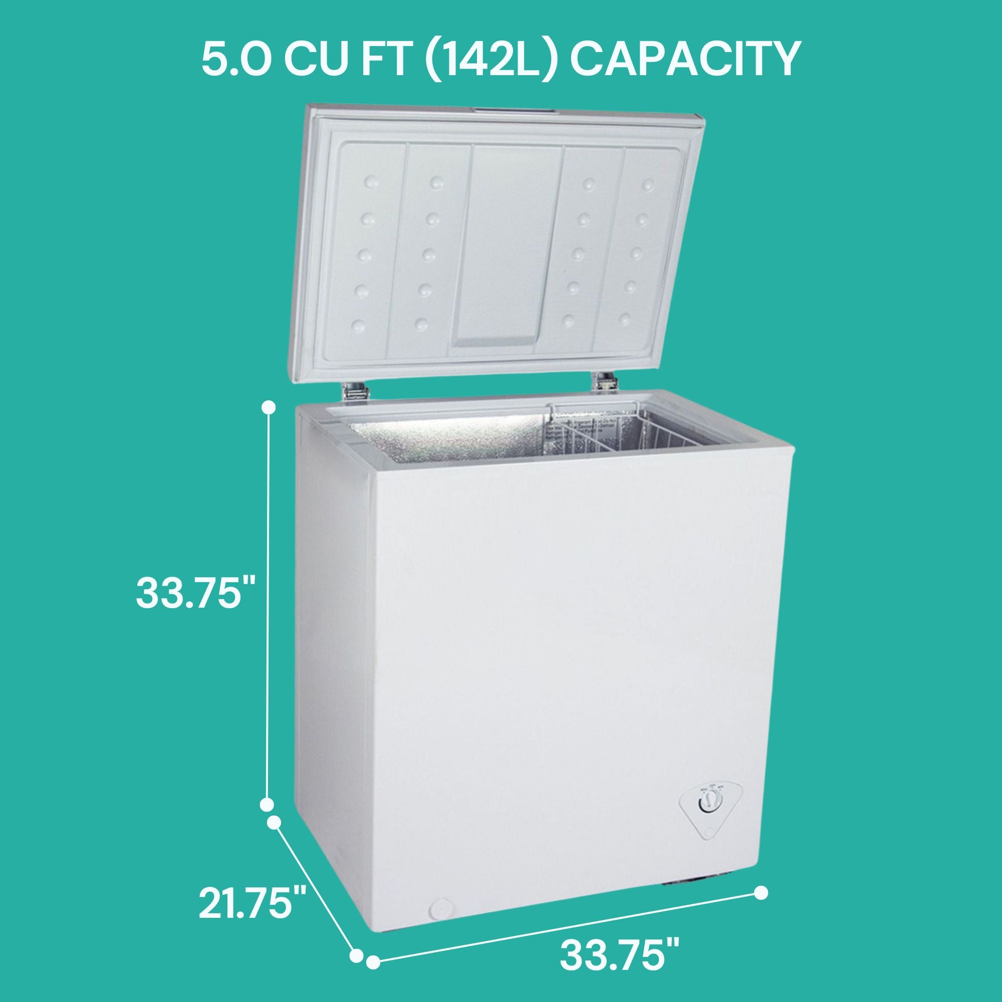 Product shot of white chest freezer with dimensions labeled on the left. Text to the right reads, "Net weight 75 lbs; Power 110V; Capacity 5.5 cu ft; Compressor cooling technology"