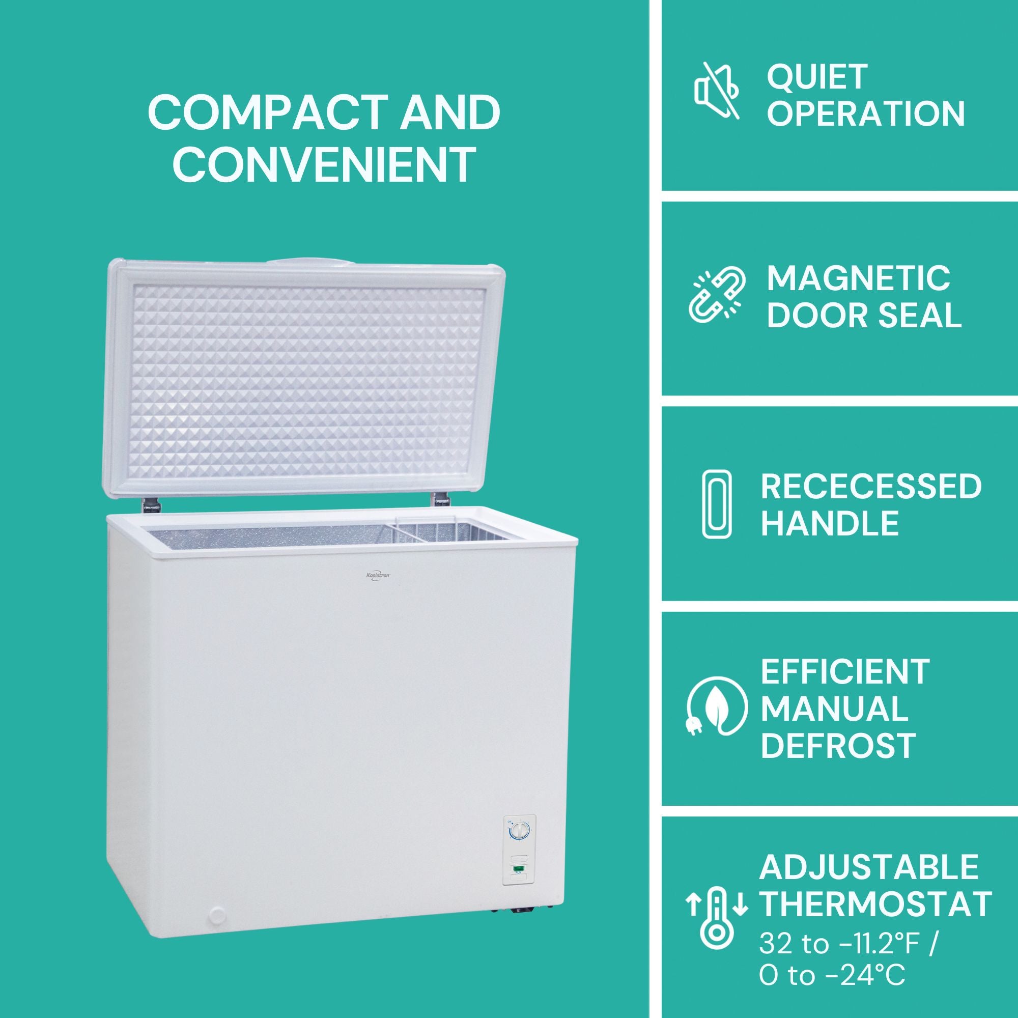 Koolatron white chest freezer, open, on an aqua background with text above reading, "Compact and convenient." Icons and text to the right describe features: Quiet operation; magnetic door seal; recessed handle; efficient manual defrost; adjustable thermostat 32 to -11.2°F/0 to -24°C