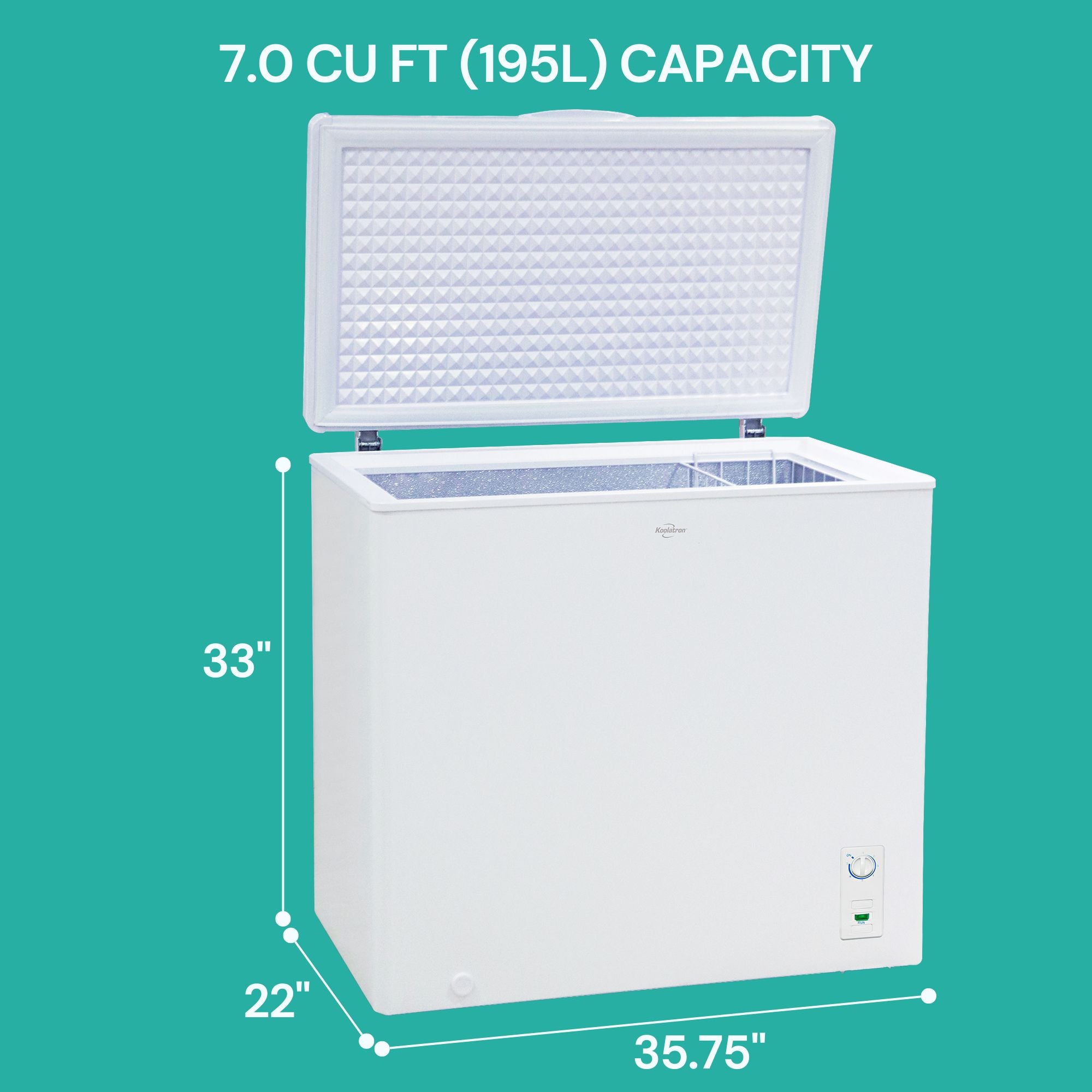 Koolatron white chest freezer with dimensions and capacity labeled