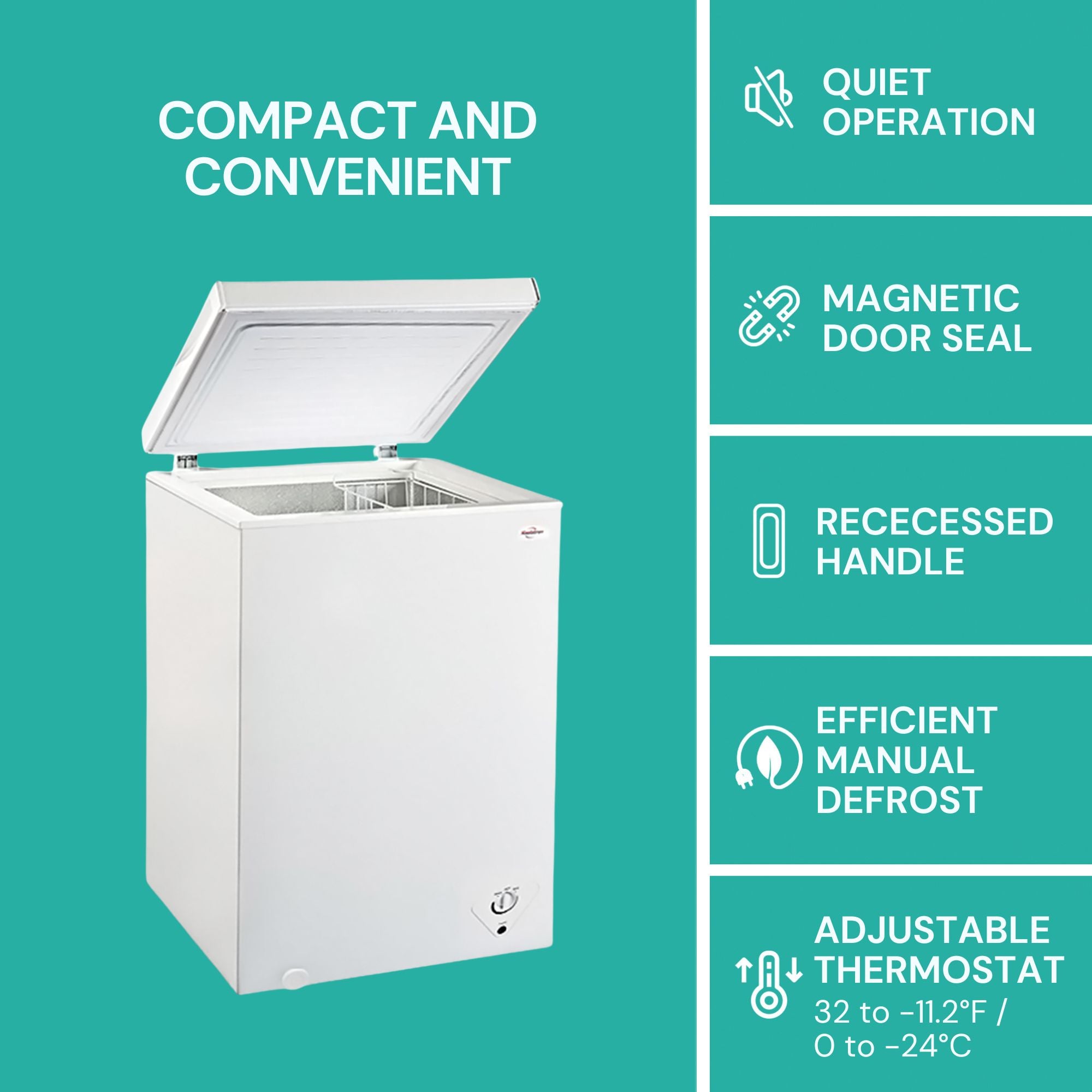 Koolatron white chest freezer, open, on an aqua background with text above reading, "Compact and convenient." Icons and text to the right describe features: Quiet operation; magnetic door seal; recessed handle; efficient manual defrost; adjustable thermostat 32 to -11.2°F/0 to -24°C