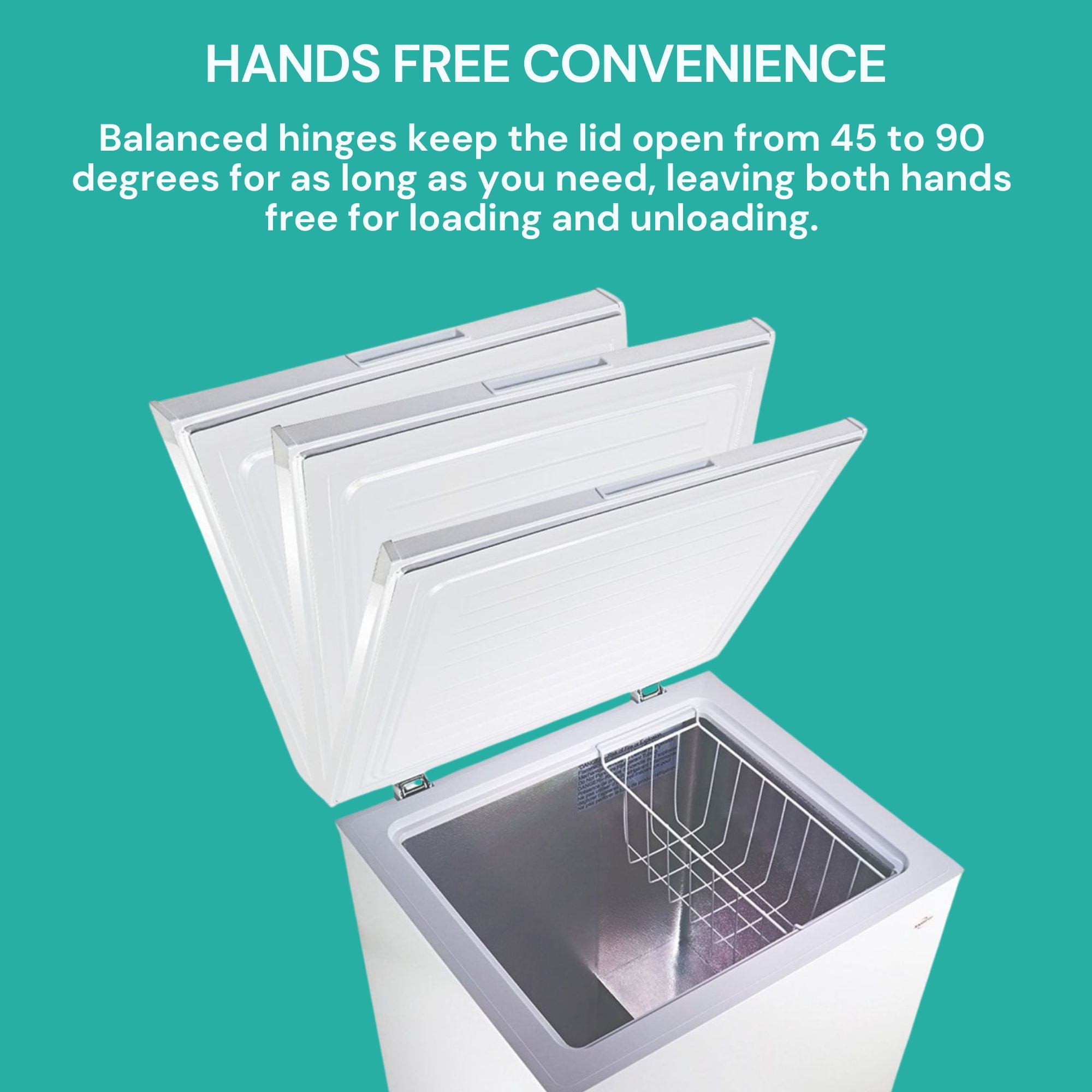 Closeup of top half of empty chest freezer with lid open in three positions. Text above reads, "Hands free convenience: Balanced hinges keep the lid open from 45 to 90 degrees for as long as you need, leaving both hands free for loading and unloading"