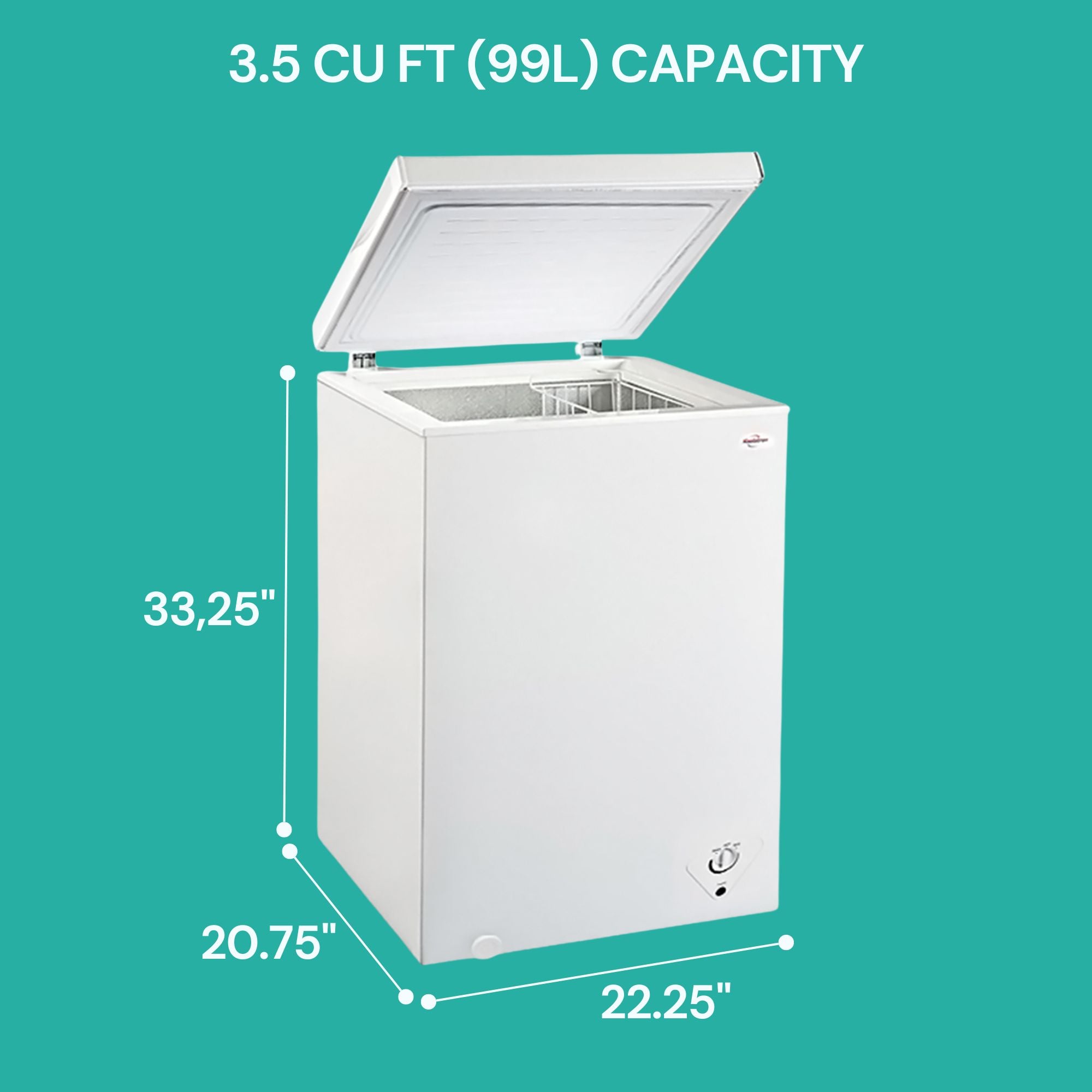 Product shot of white chest freezer with dimensions labeled on the left. Text to the right reads, "Net weight 60 lbs; Power 110V; Capacity 3.5 cu ft; Compressor cooling technology"