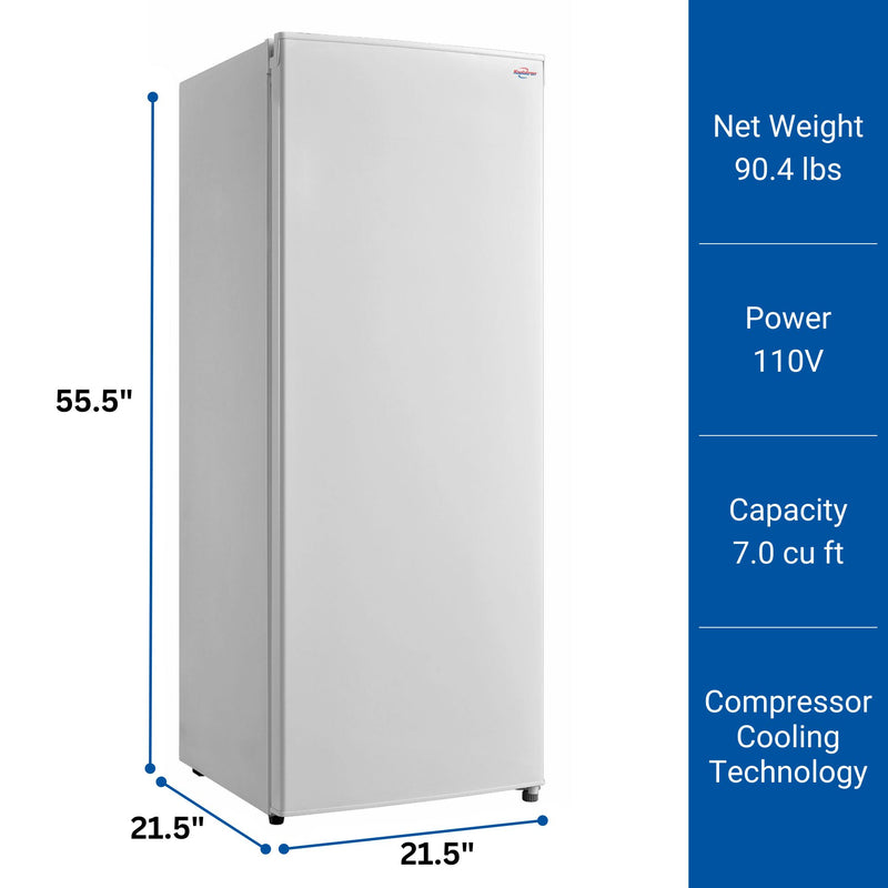 Product shot of white upright freezer with dimensions labeled on the left. Text to the right reads, "Net weight 90.4 lbs; Power 110V; Capacity 7.0 cu ft; Compressor cooling technology"