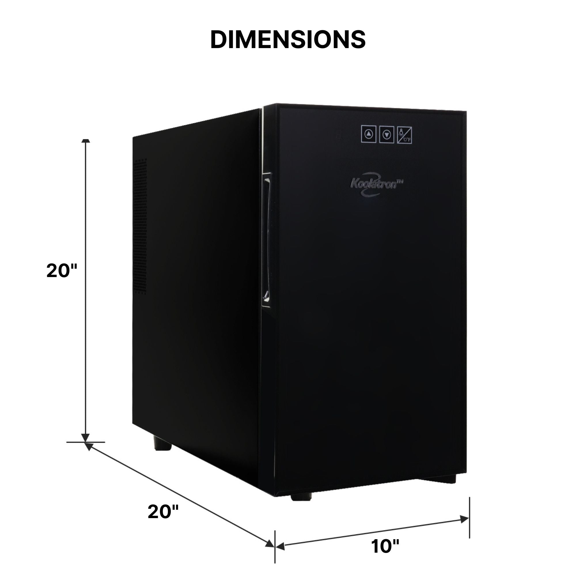 Koolatron 10 bottle thermoelectric wine fridge on a white background with dimensions labeled