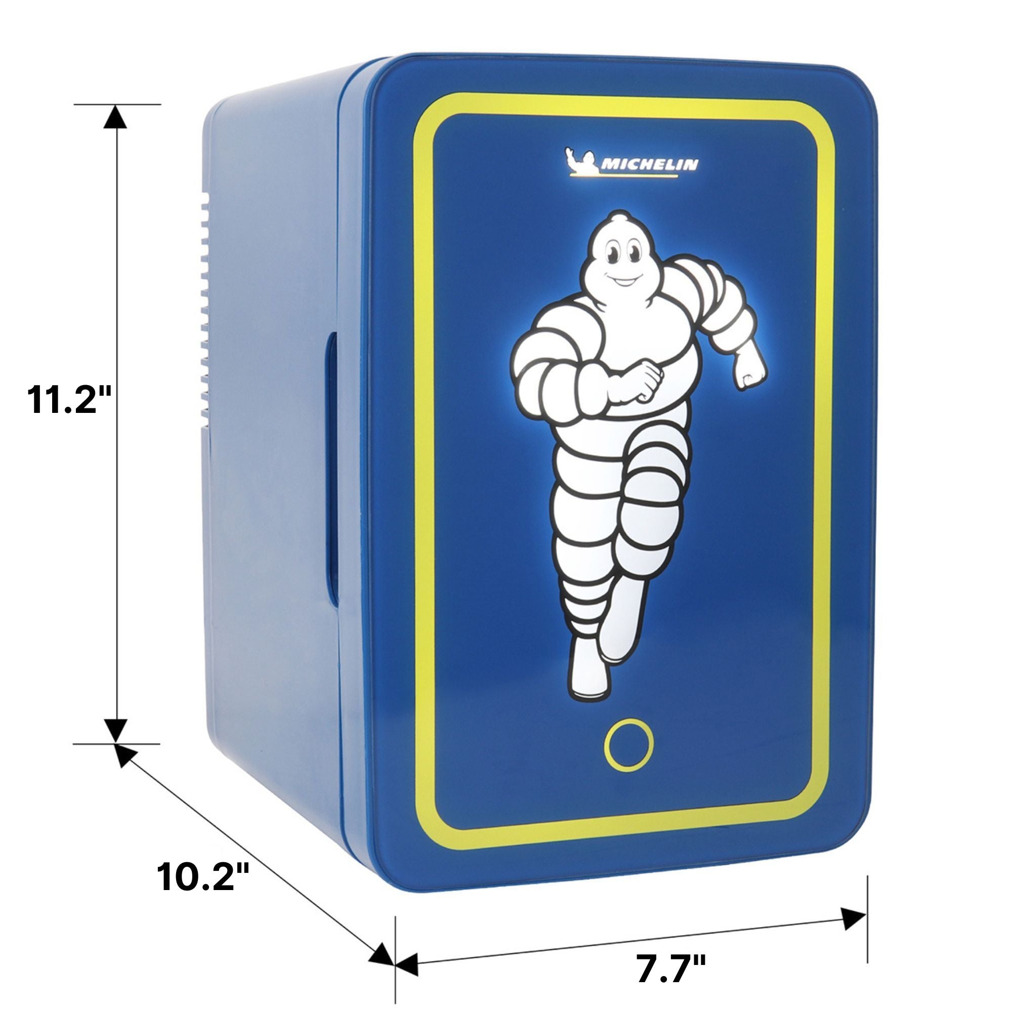 Michelin mini fridge, closed, on a white background with dimensions labeled