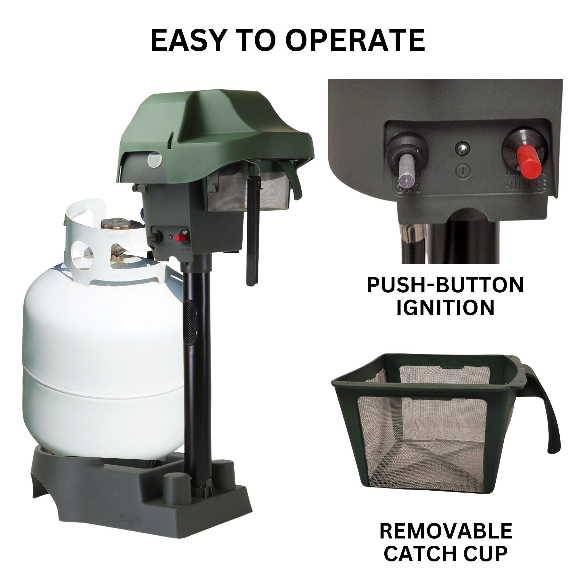 Bite Shield mosquito trap on a white background with labeled closeup images of features to the right: Push-button ignition; removable catch cup. Text above reads, "Easy to operate"