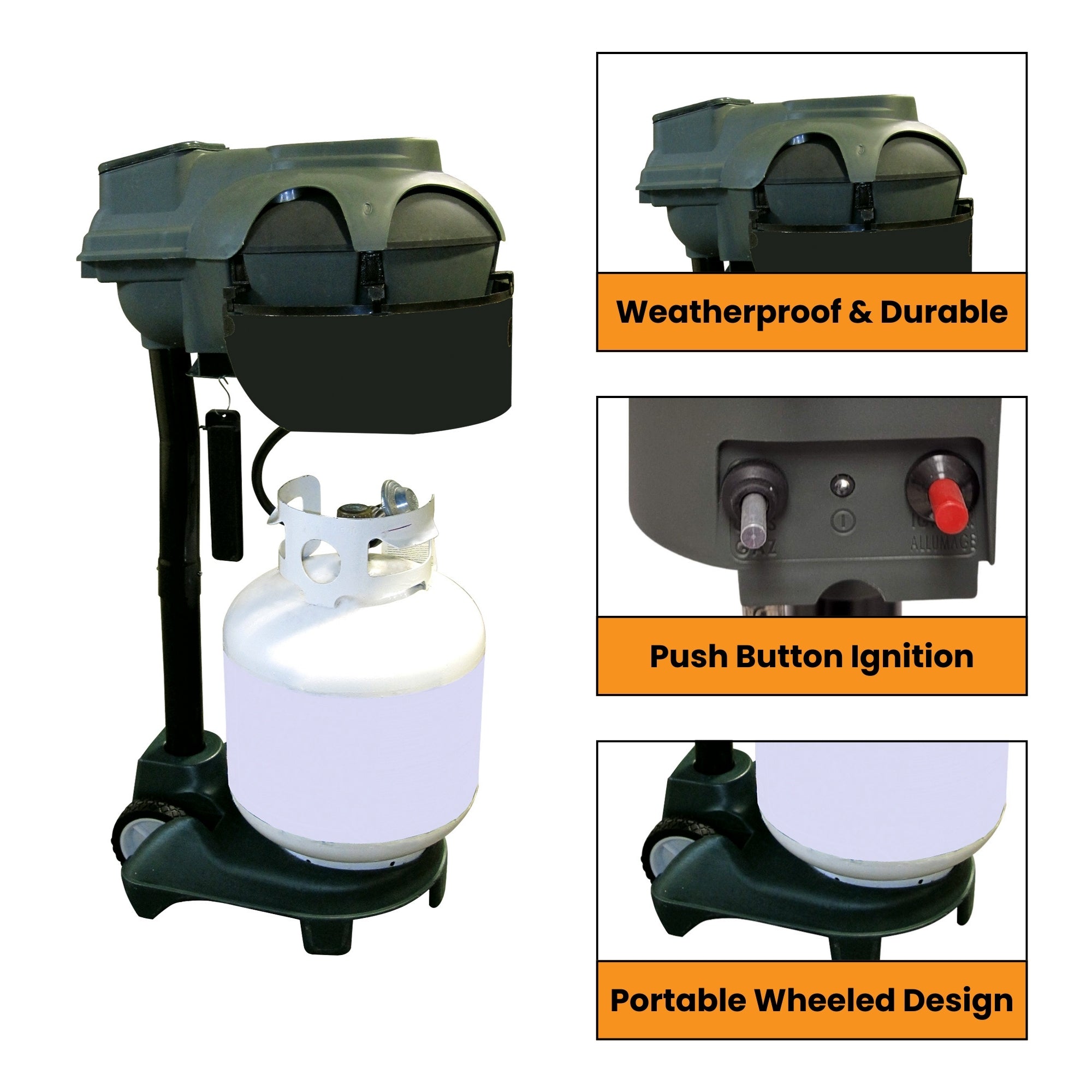 Bite Shield mosquito trap on a white background with labeled closeup images of features to the right: Optional Octenol lure; sticky paper catch booster. Text above reads, "Accessories included"