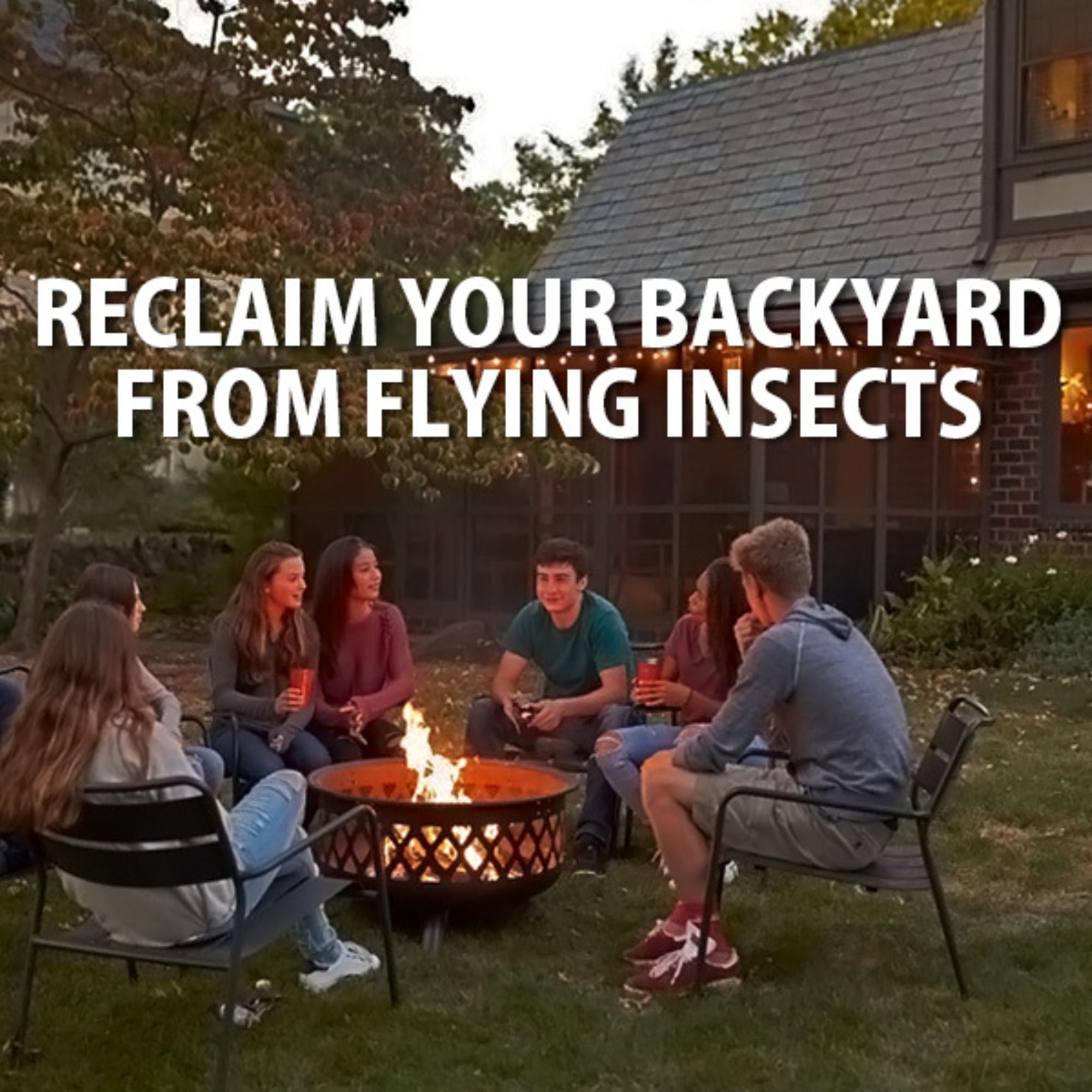 Several people sitting in chairs around an outdoor fire pit at dusk with text overlay reading, "Reclaim your backyard from flying insects"